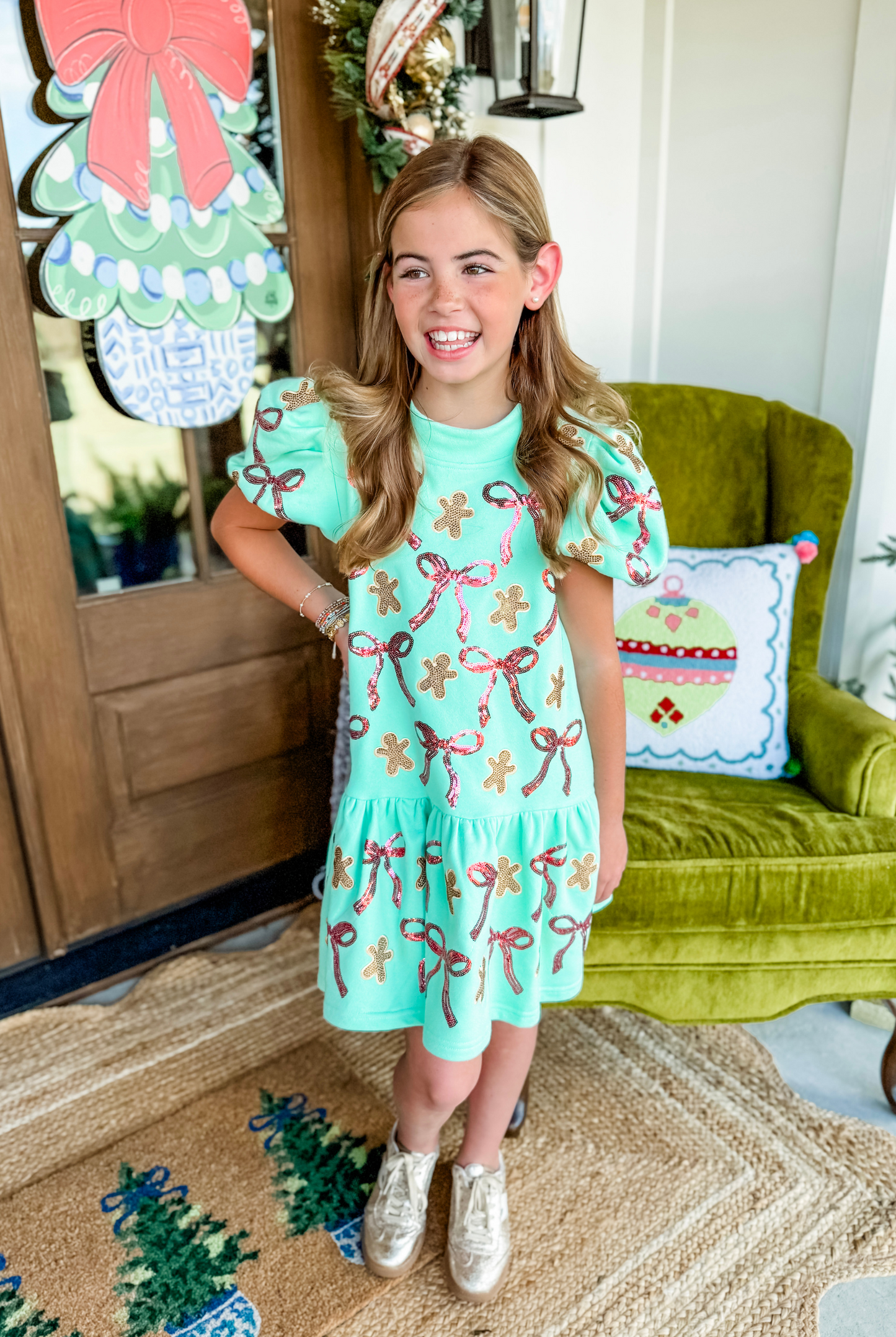 Kids Queen of Sparkles Mint Green Gingerbread Men & Bows Dress