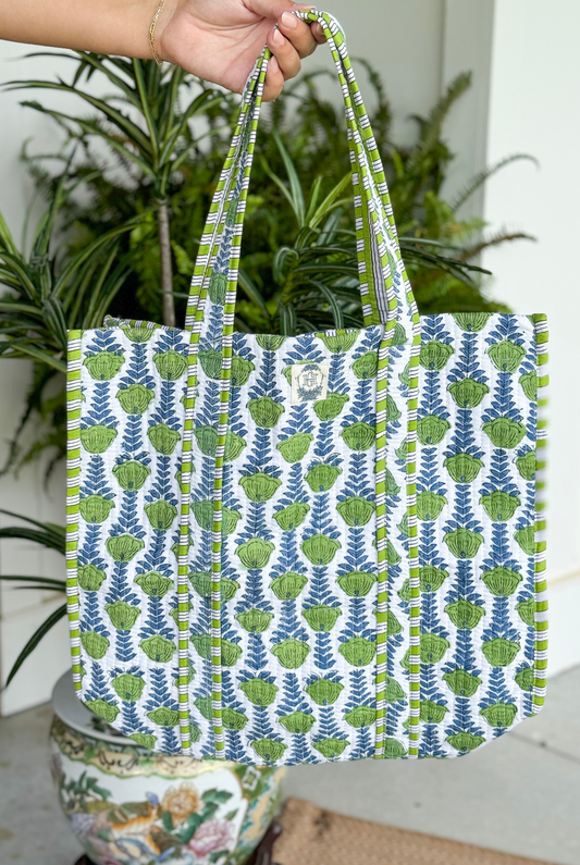 Green Blooms Quilted Tote Bag