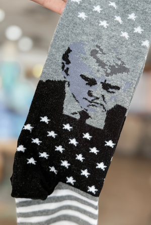 Brown Dog Trump Mugshot Socks in Light Grey