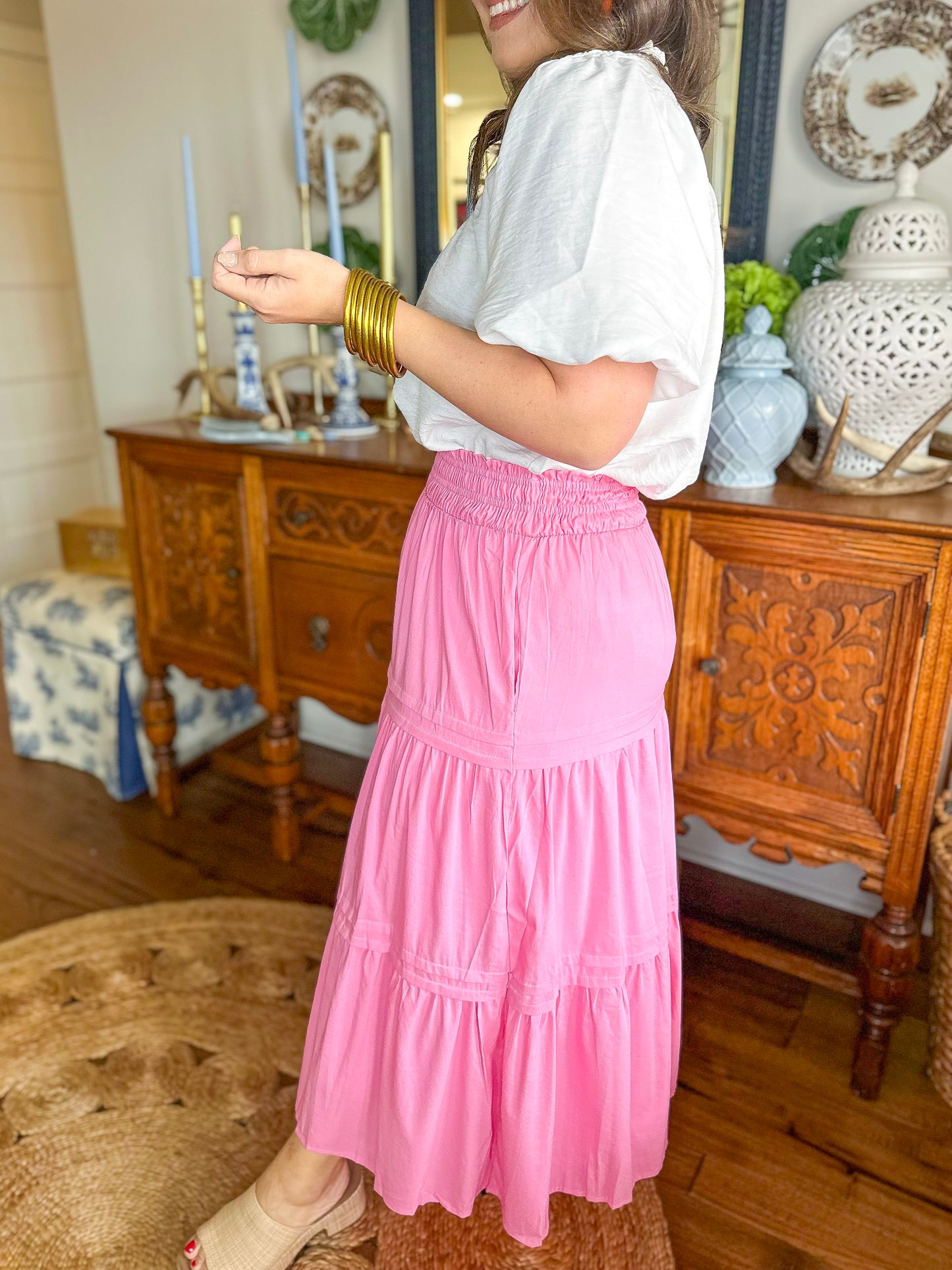 The Sadie Midi Skirt in Pink