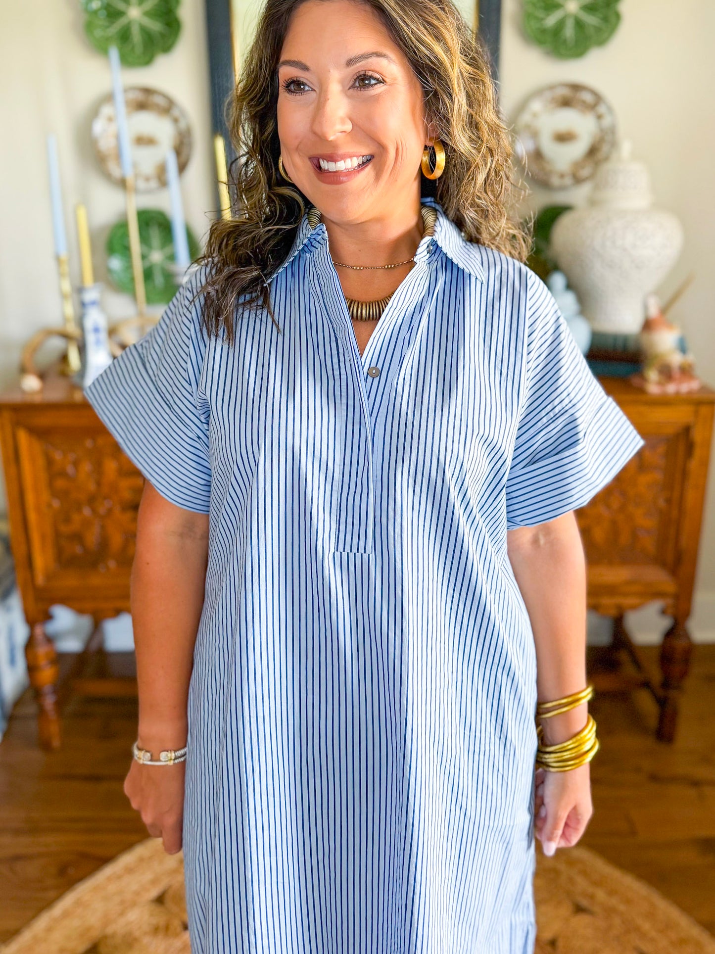 The Lexington Stripe Dress in Dusty Blue