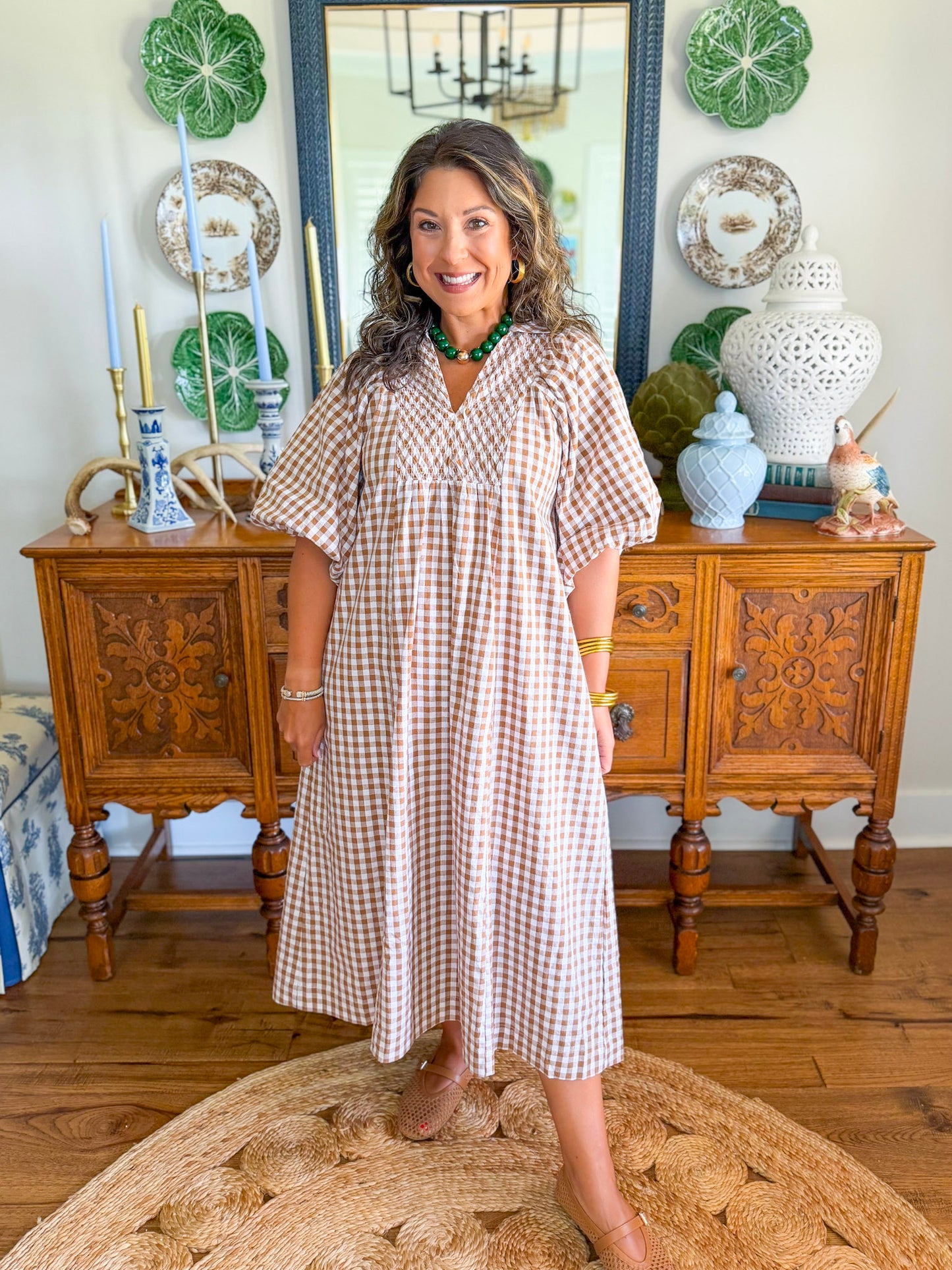Cottage Gingham Midi Dress in Brown