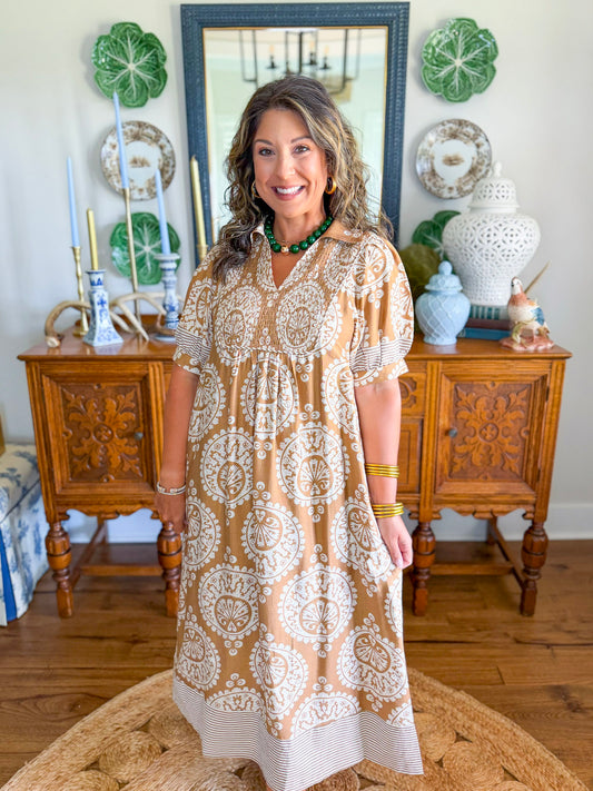 The Windsor Medallion Dress in Caramel