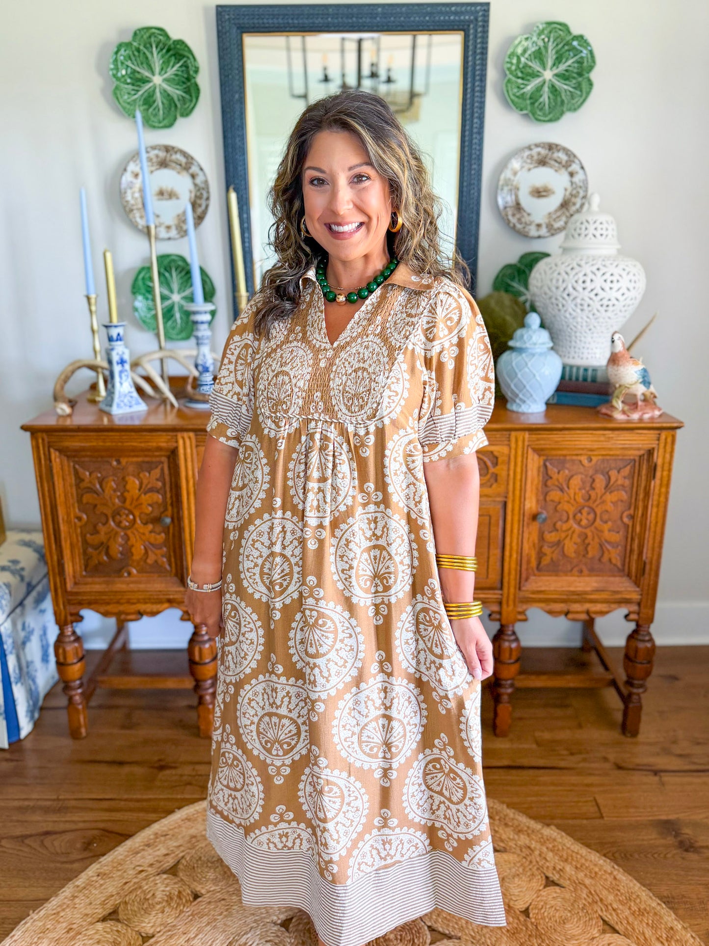 The Windsor Medallion Dress in Caramel