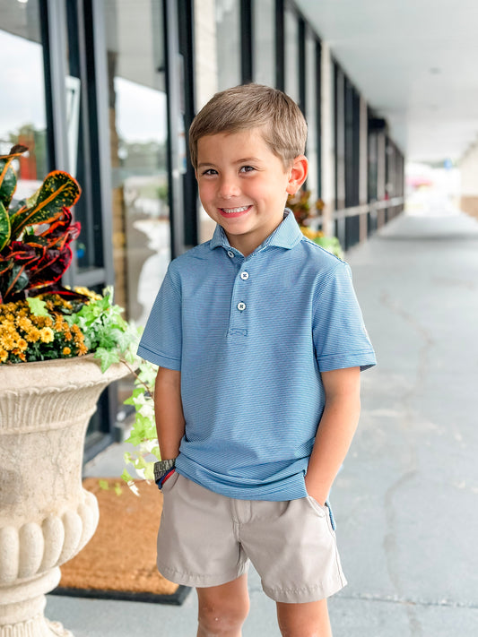 Southern Point Youth Hinton Stripe Performance Polo in Mallard Blue/Mountain Spring