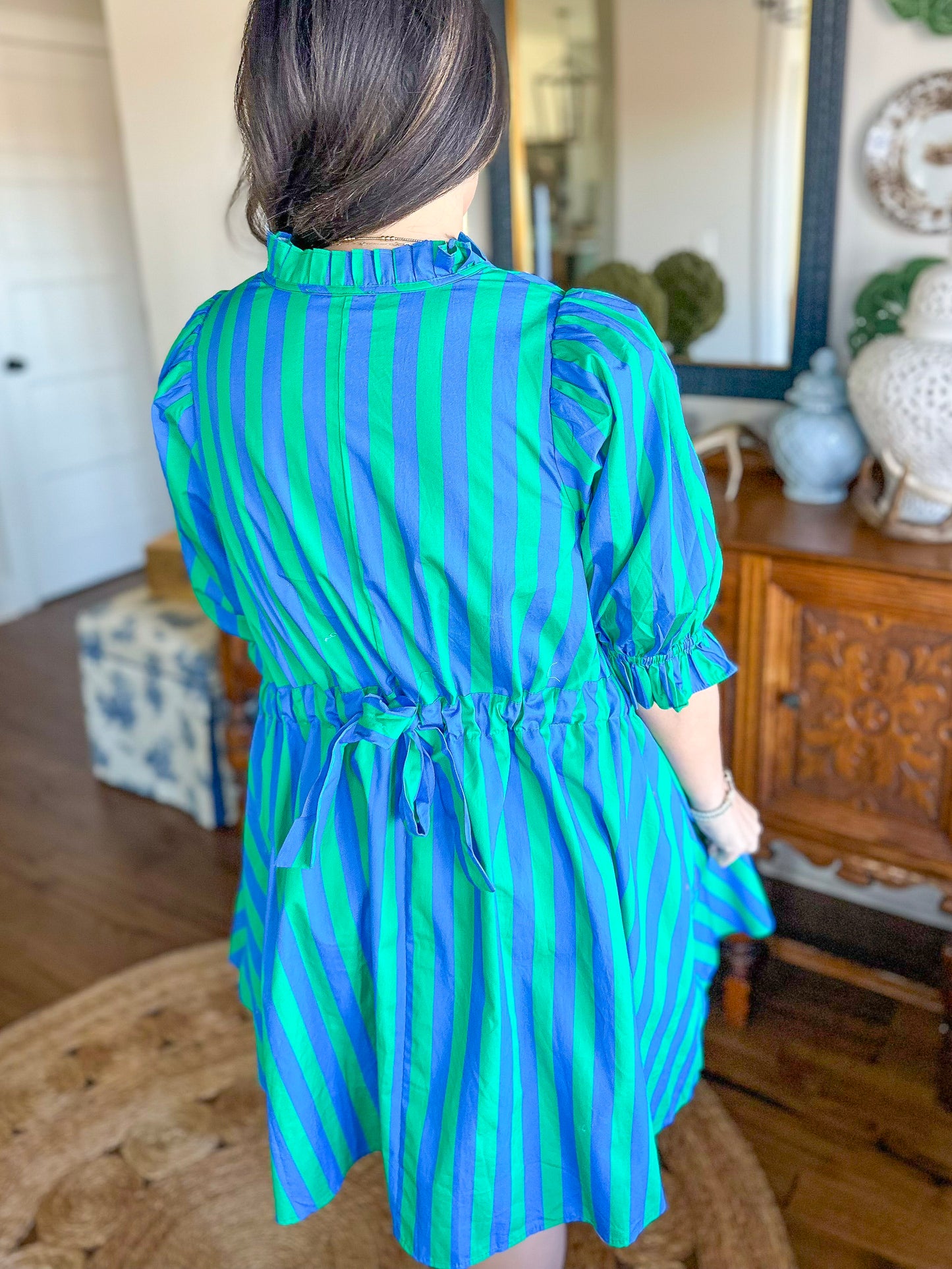 The Camden Dress in Green/Blue Stripes
