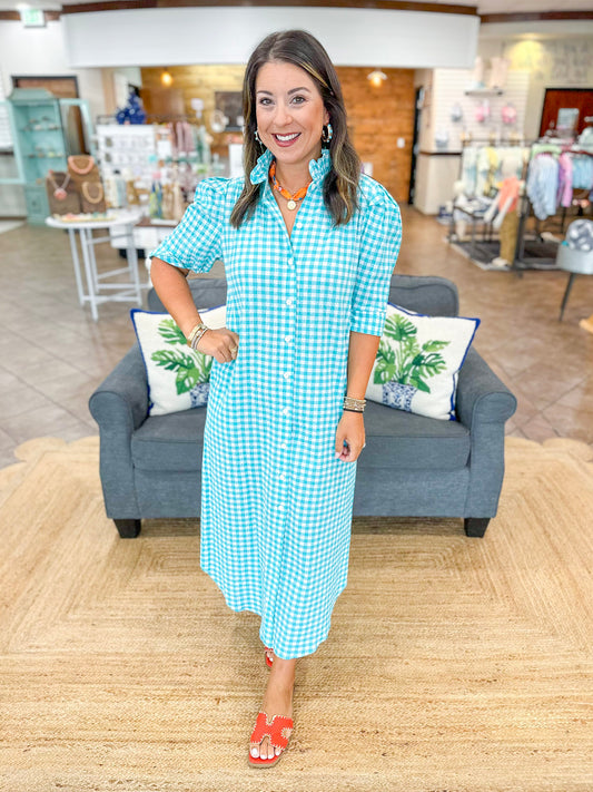 Adrienne Nina Dress in Aqua Gingham