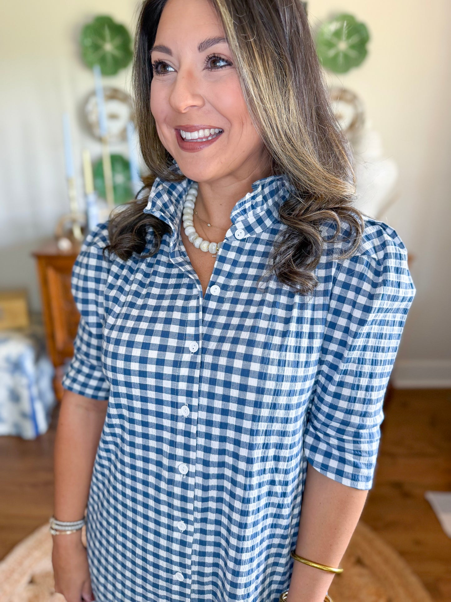 Adrienne | Nina Midi Dress in Navy Seersucker