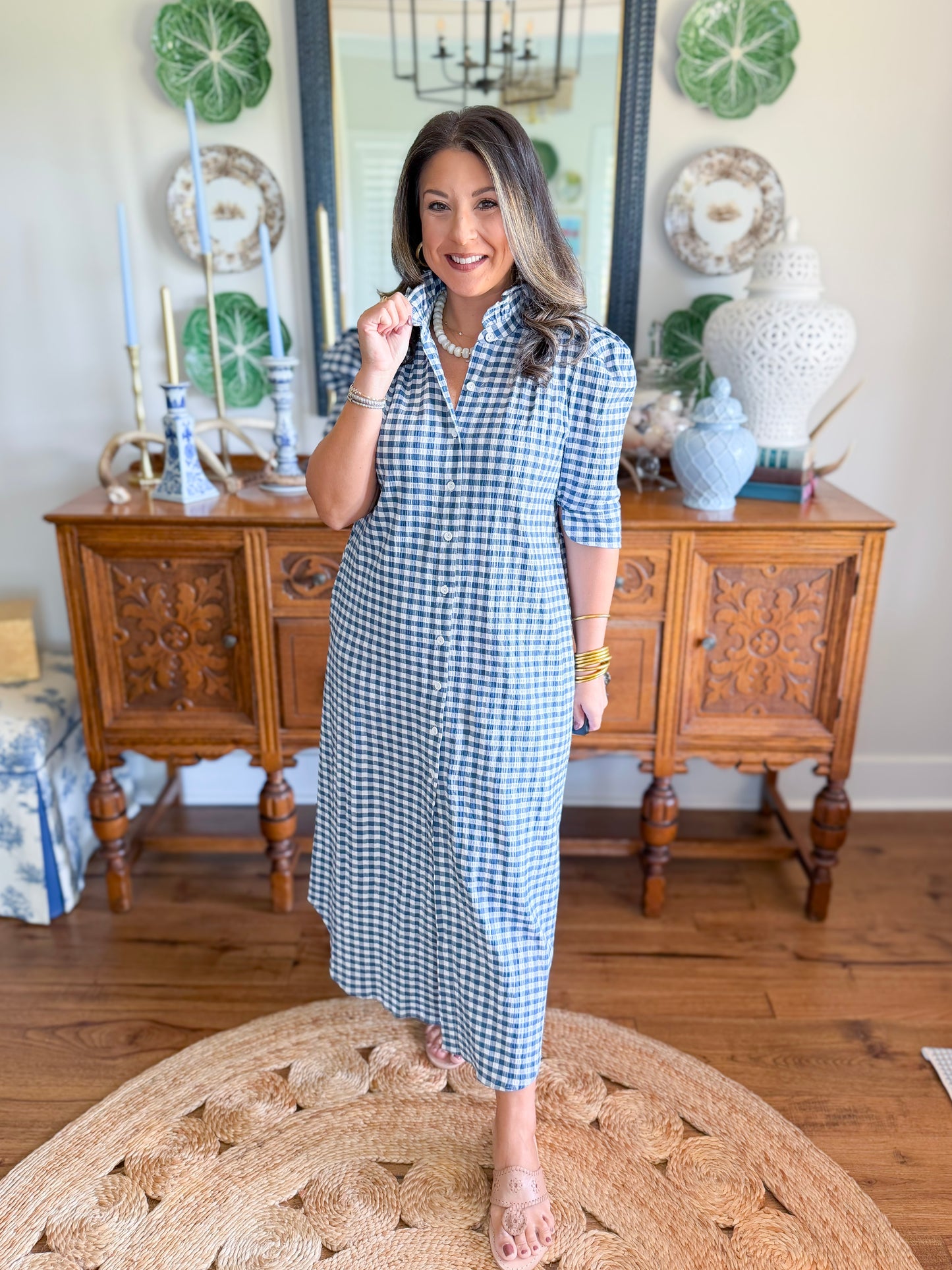 Adrienne | Nina Midi Dress in Navy Seersucker