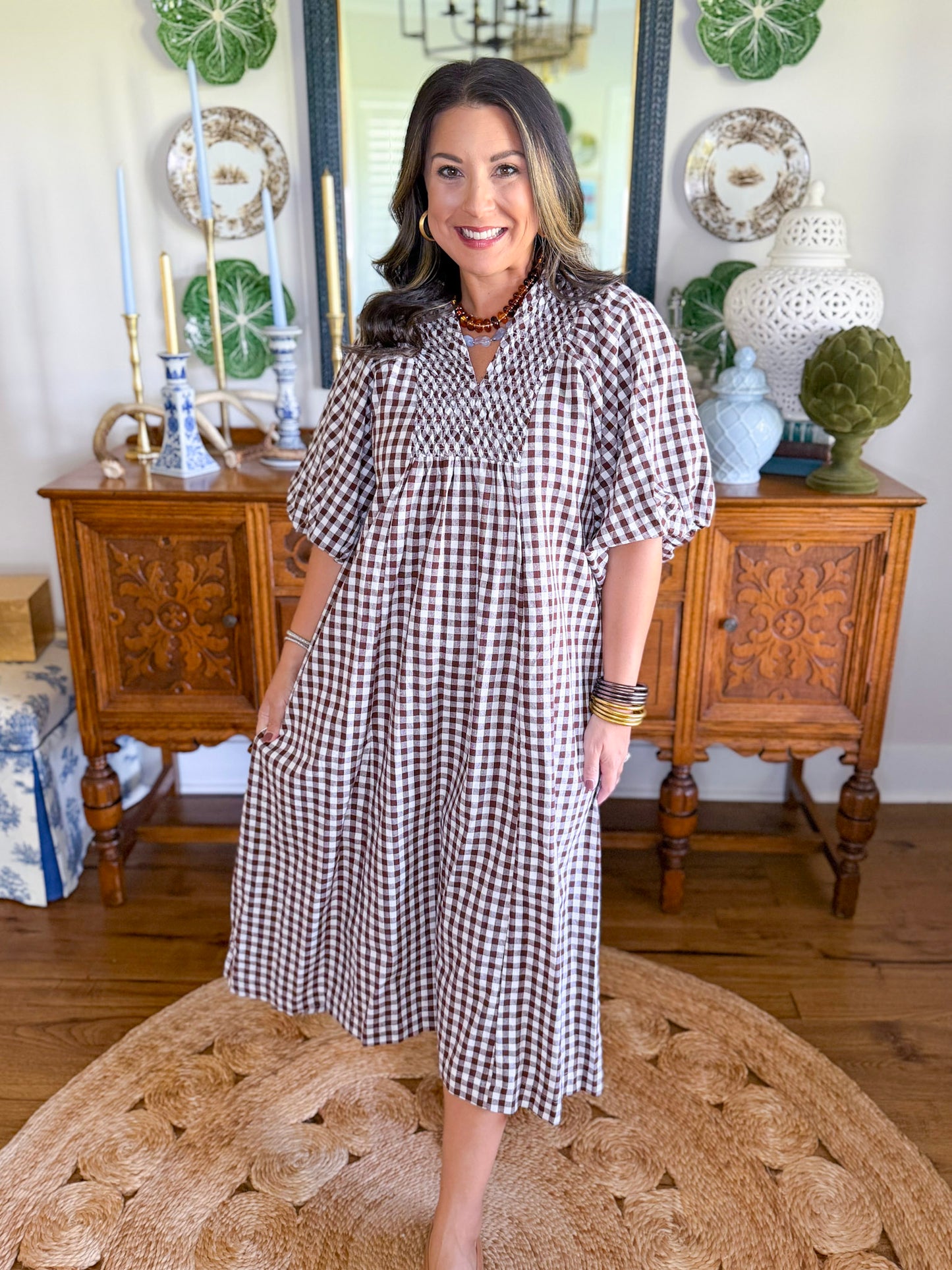 Cottage Gingham Midi Dress in Chocolate