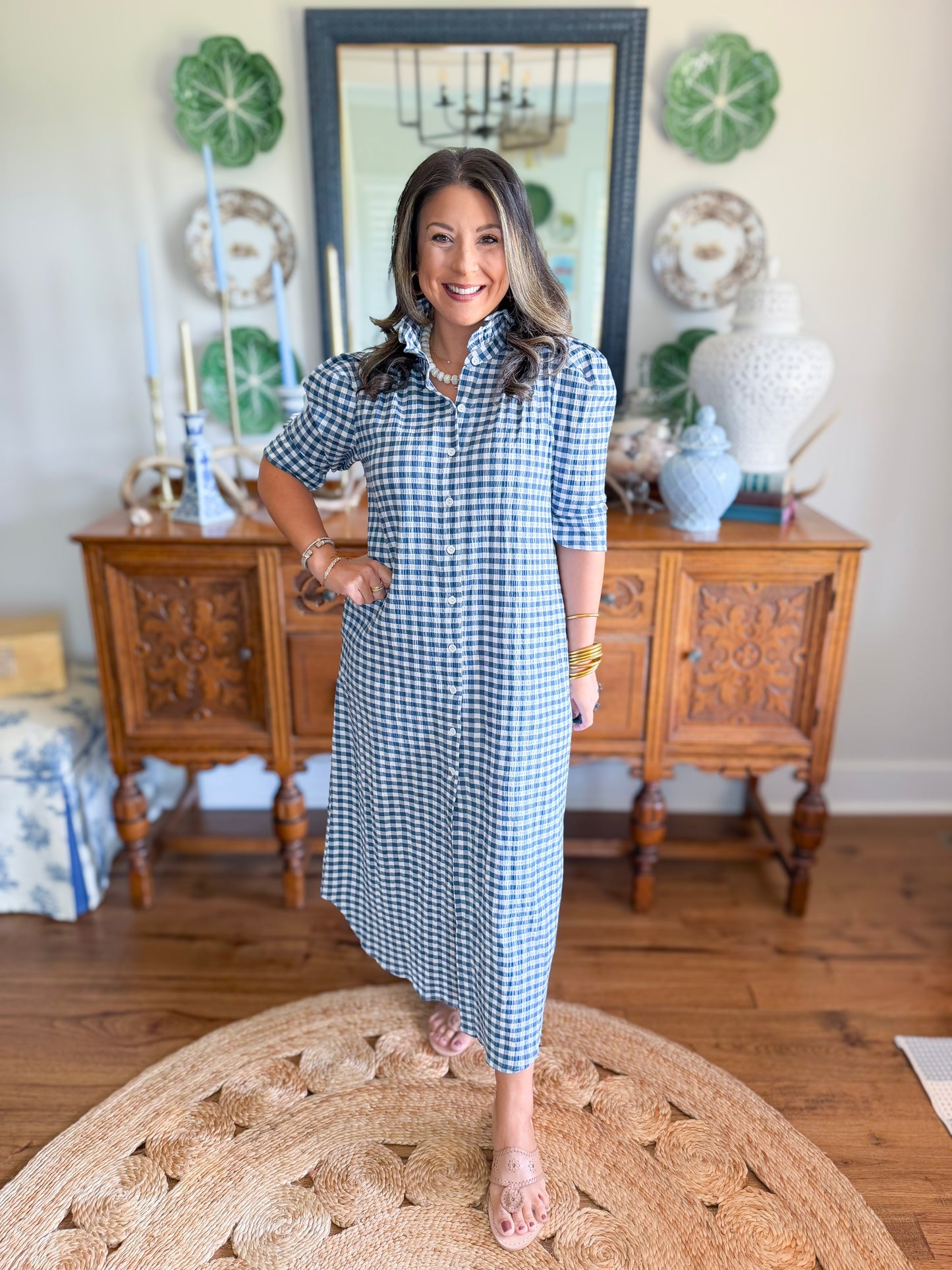 Adrienne | Nina Midi Dress in Navy Seersucker