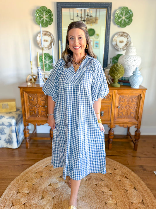Cottage Gingham Midi Dress in Navy