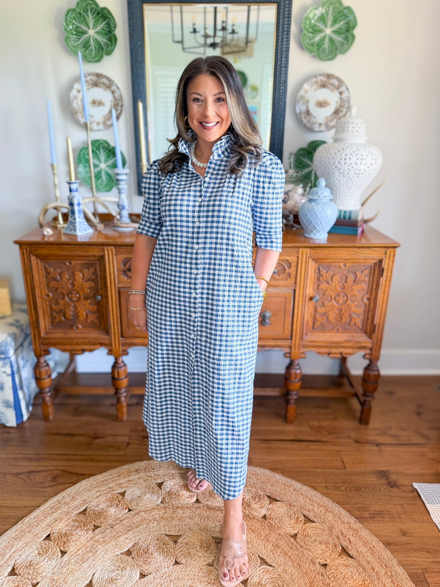 Adrienne | Nina Midi Dress in Navy Seersucker