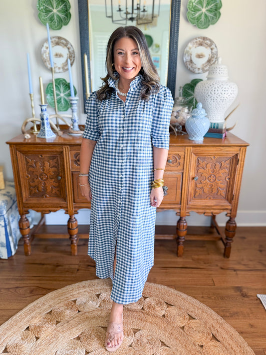 Adrienne | Nina Midi Dress in Navy Seersucker
