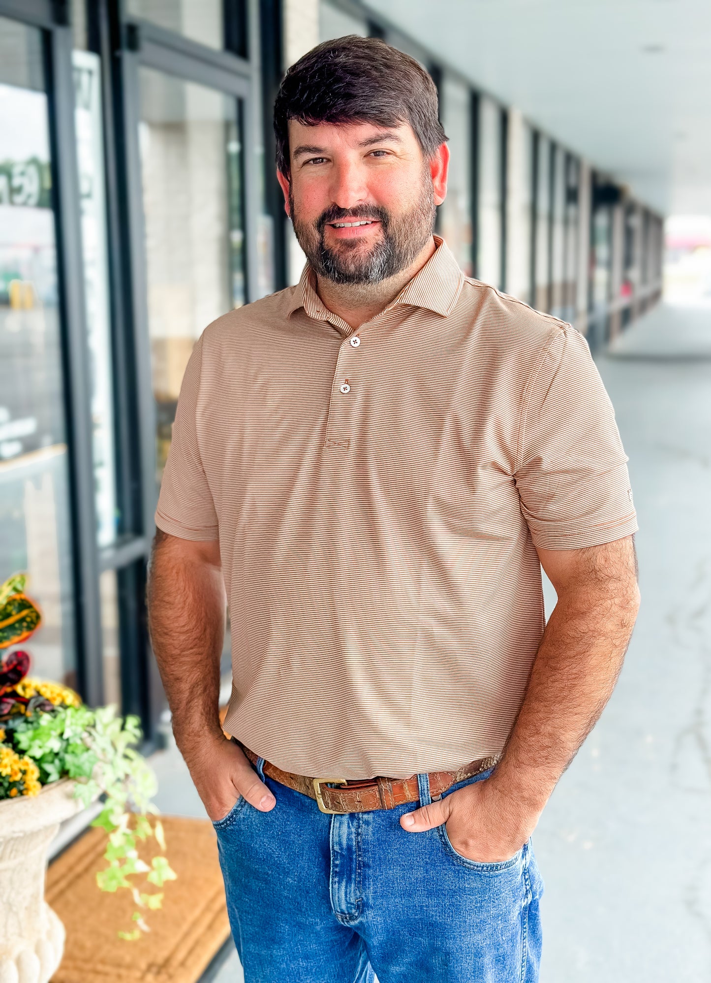 Southern Point Hinton Stripe Performance Polo in Adobe/Sandstone
