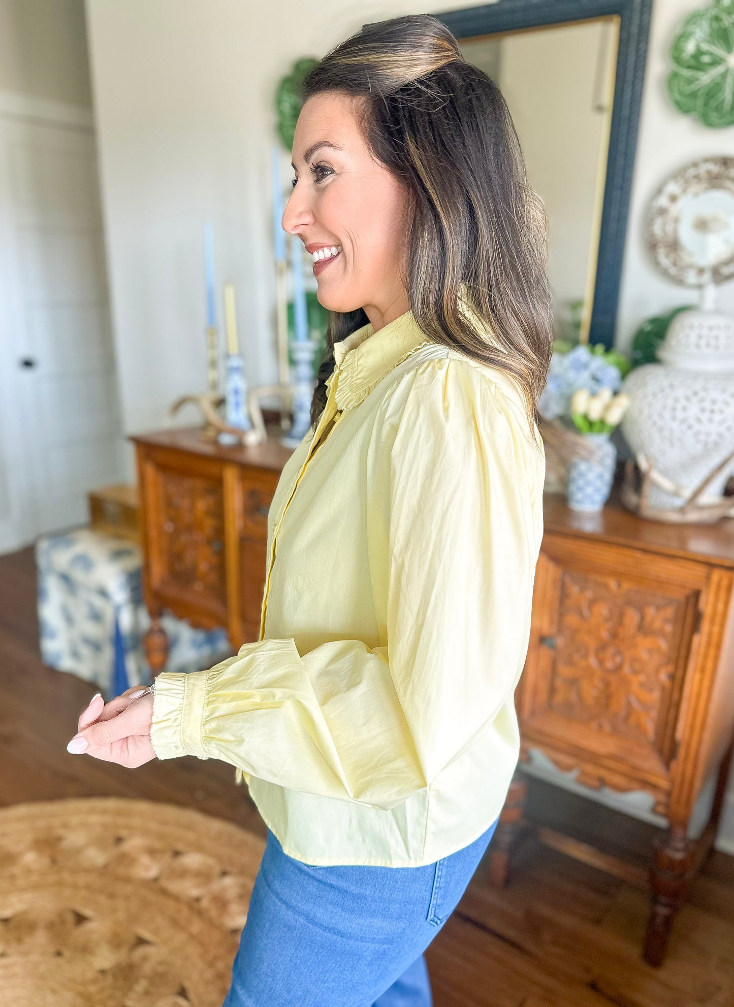 The Charlotte Ruffle Collar Top in Butter