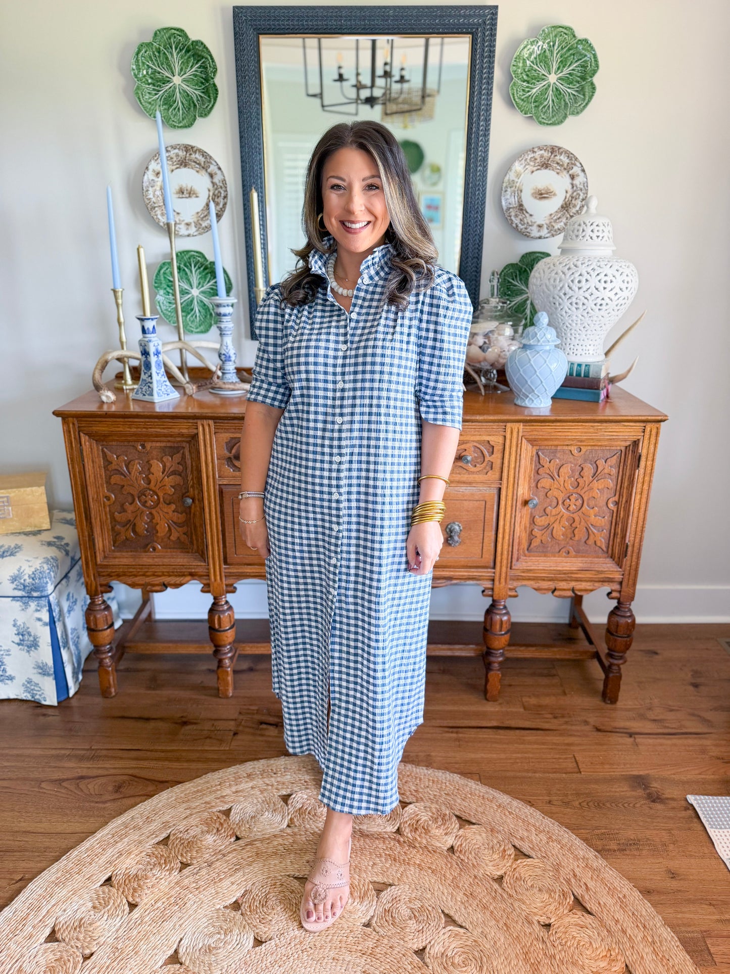 Adrienne | Nina Midi Dress in Navy Seersucker