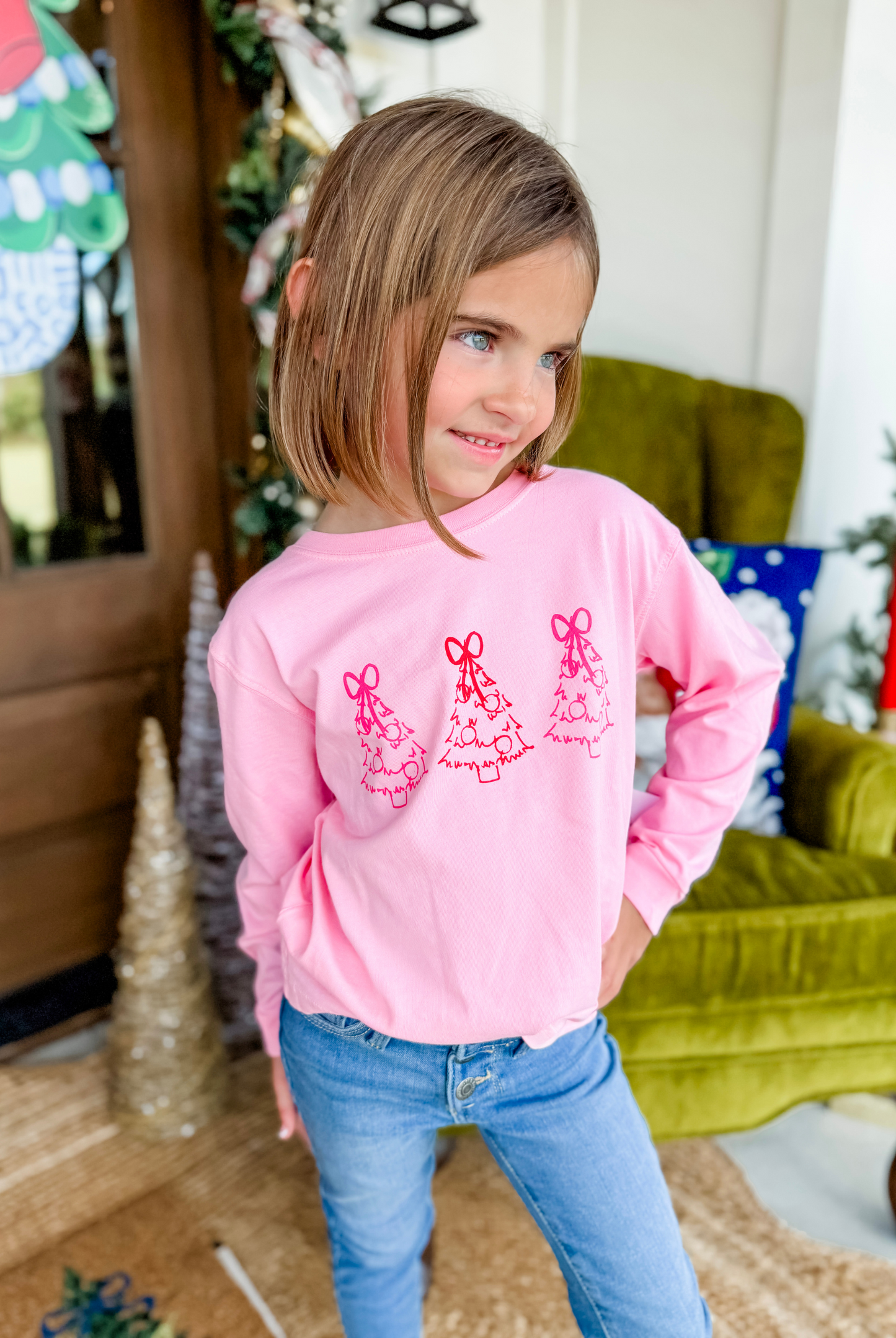 Girl's Light Pink Christmas Trees Trio Long Sleeve Tee