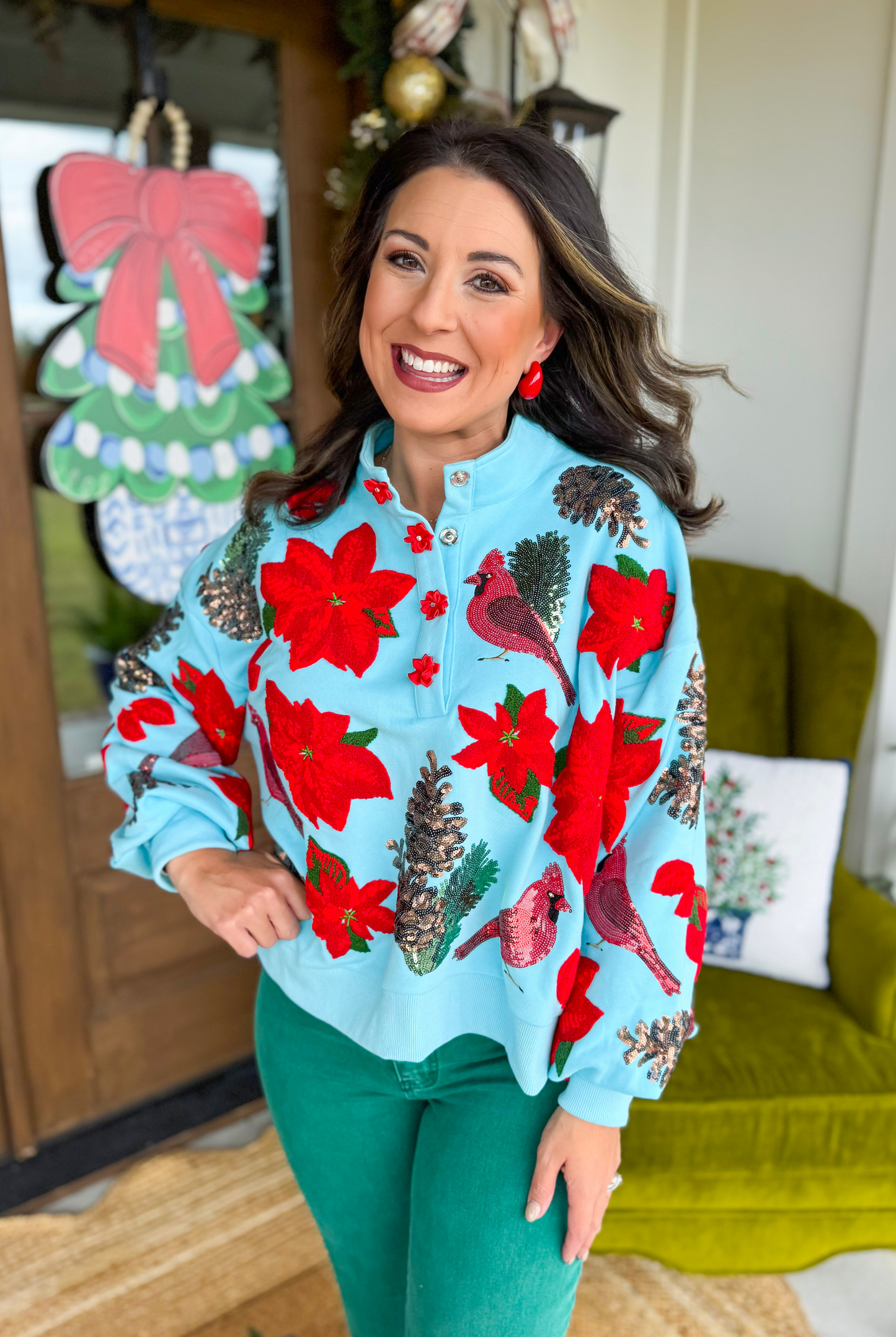 Queen of Sparkles Poinsettia and Cardinal Henley Sweatshirt