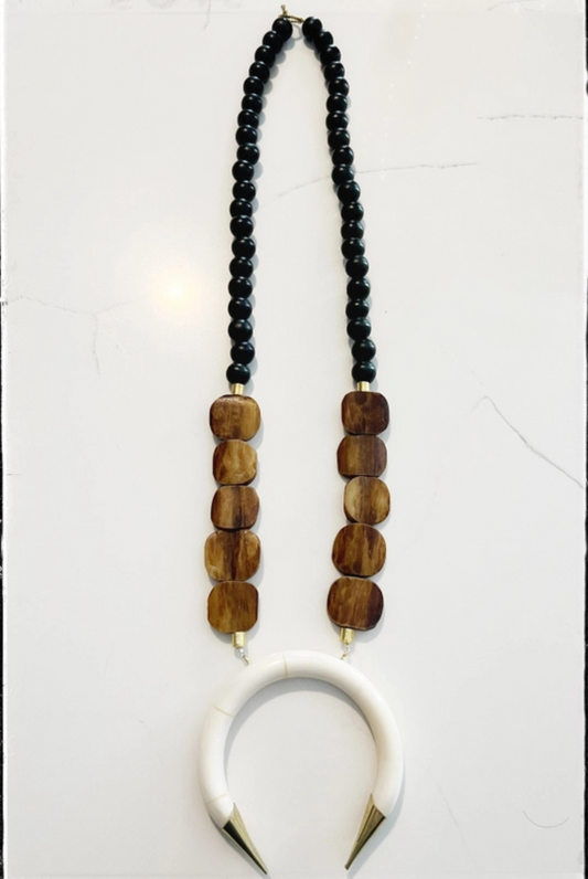 Black Wood & African Bone Beaded Pendant Necklace