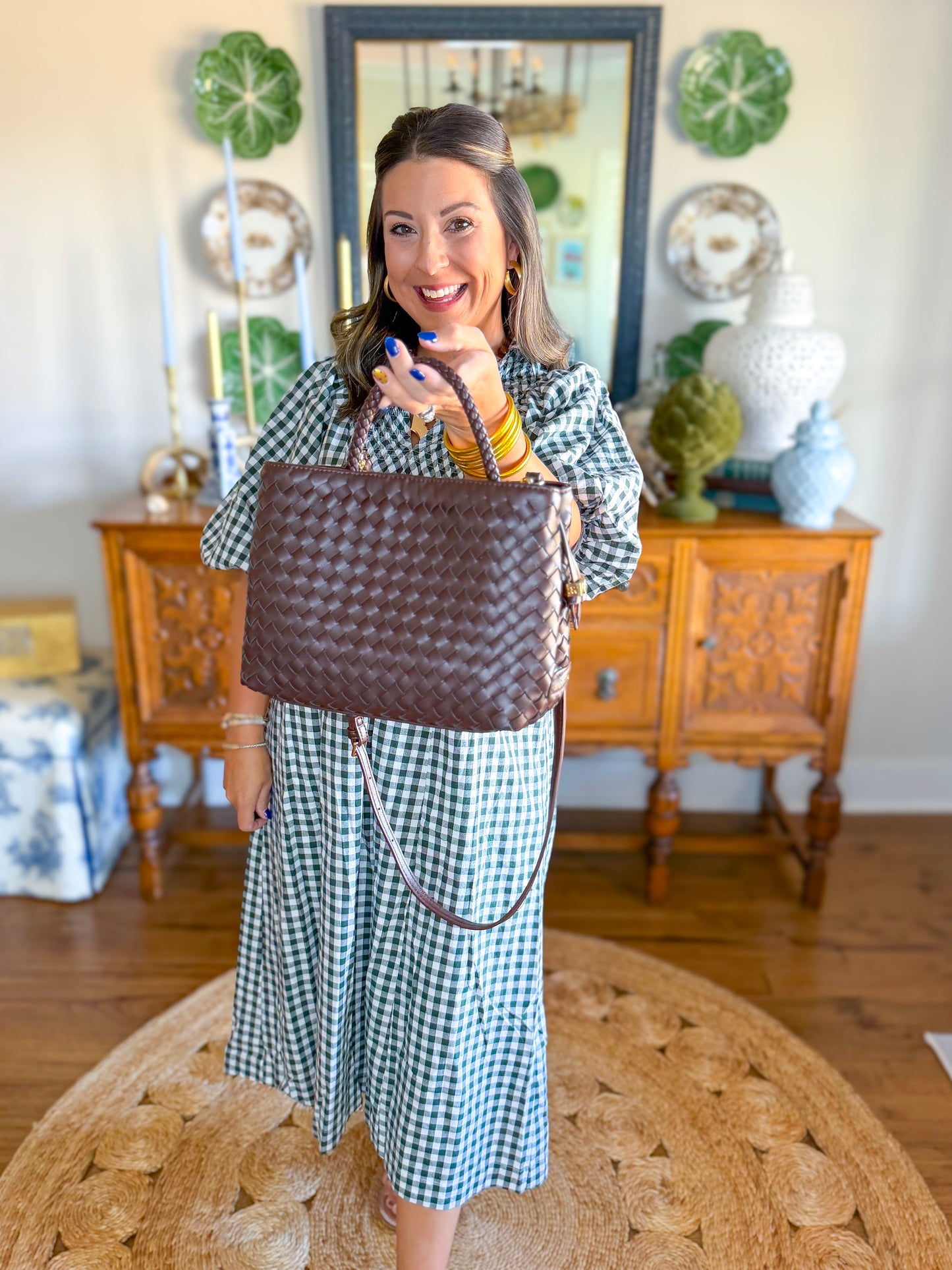 Cottage Gingham Midi Dress in Hunter Green