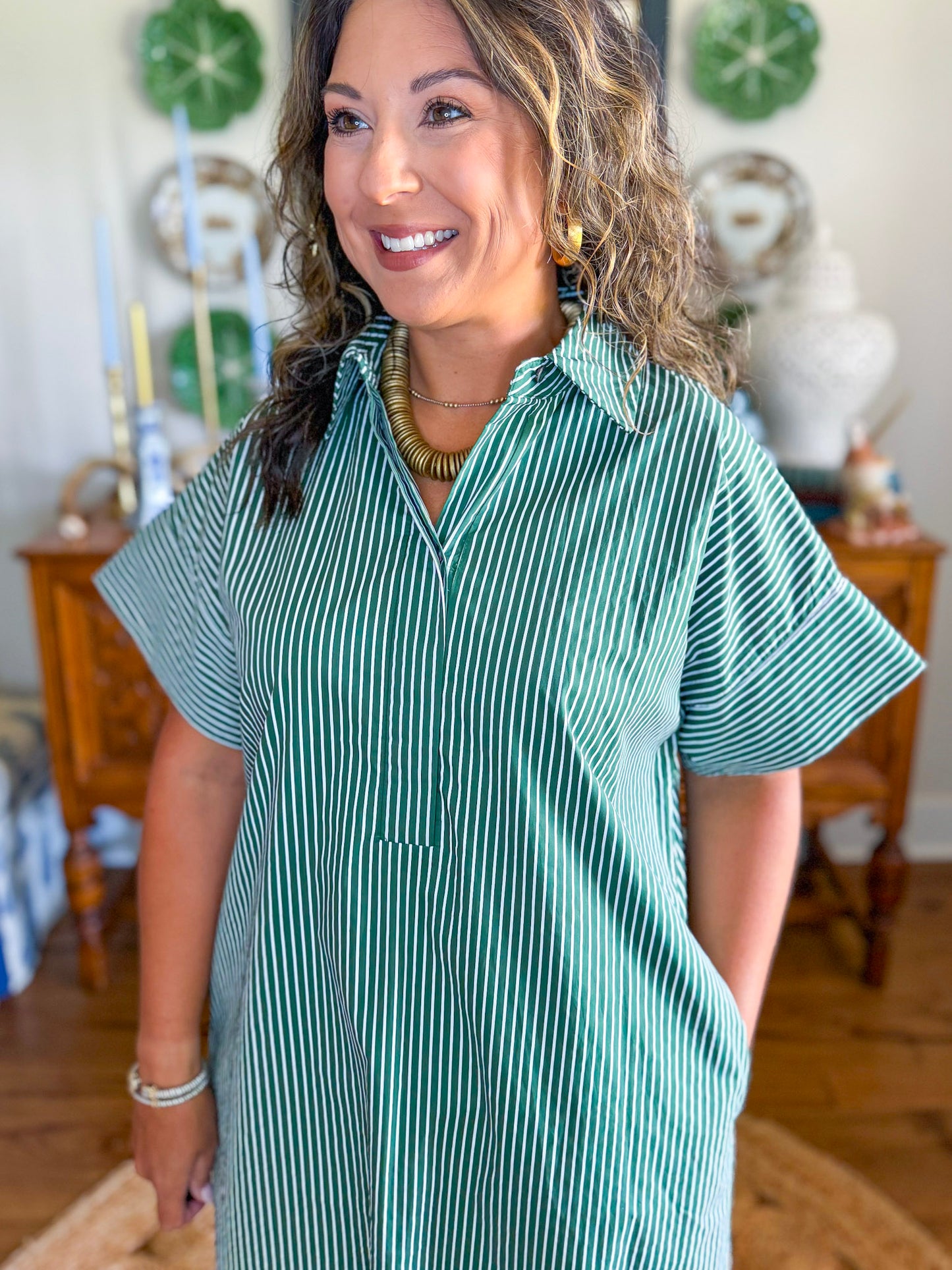 The Lexington Stripe Dress in Hunter Green
