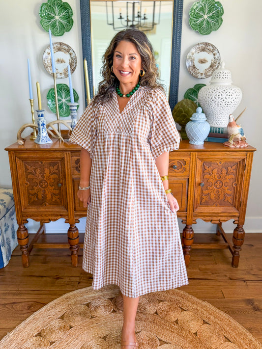 Cottage Gingham Midi Dress in Brown