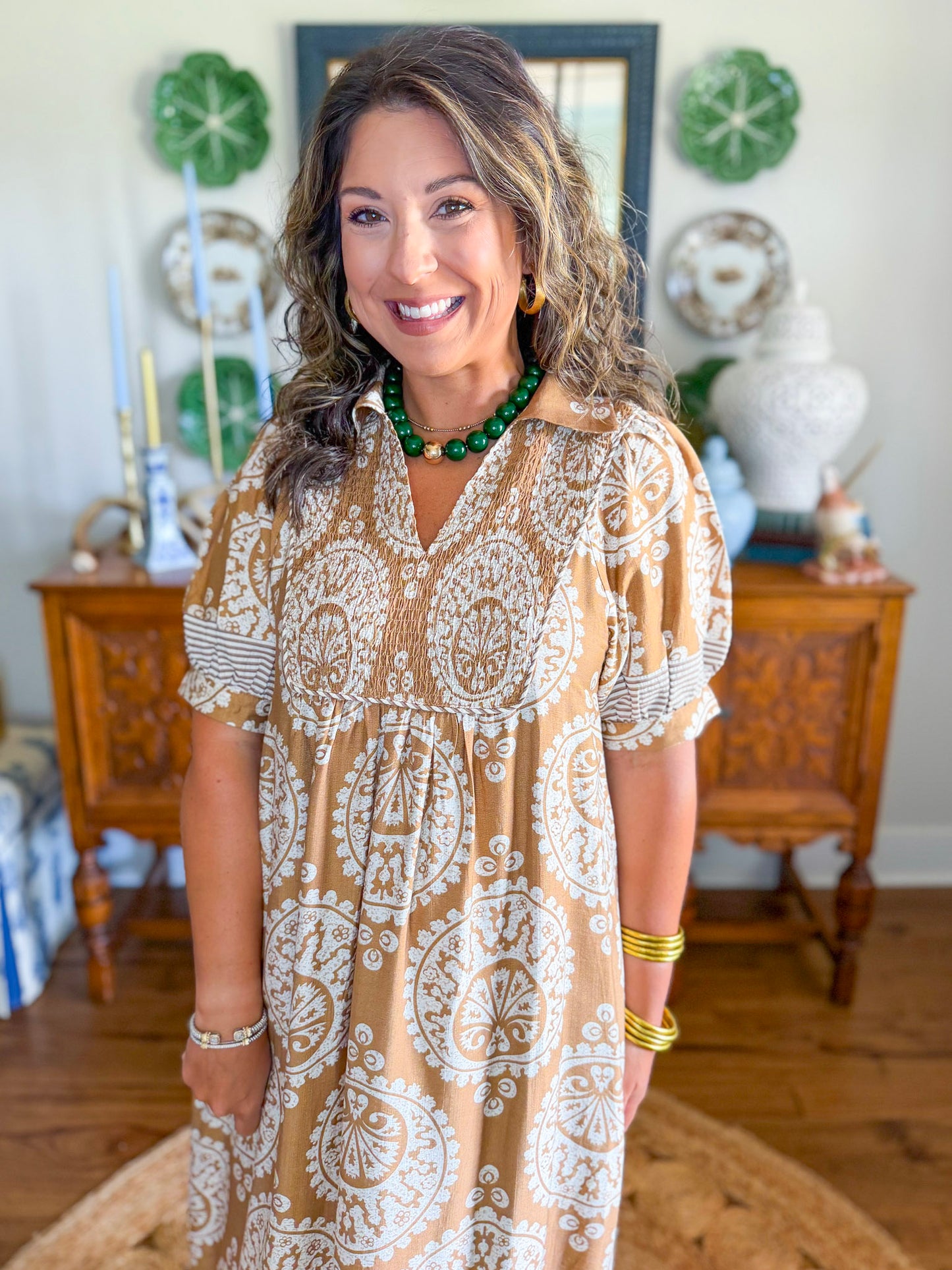 The Windsor Medallion Dress in Caramel