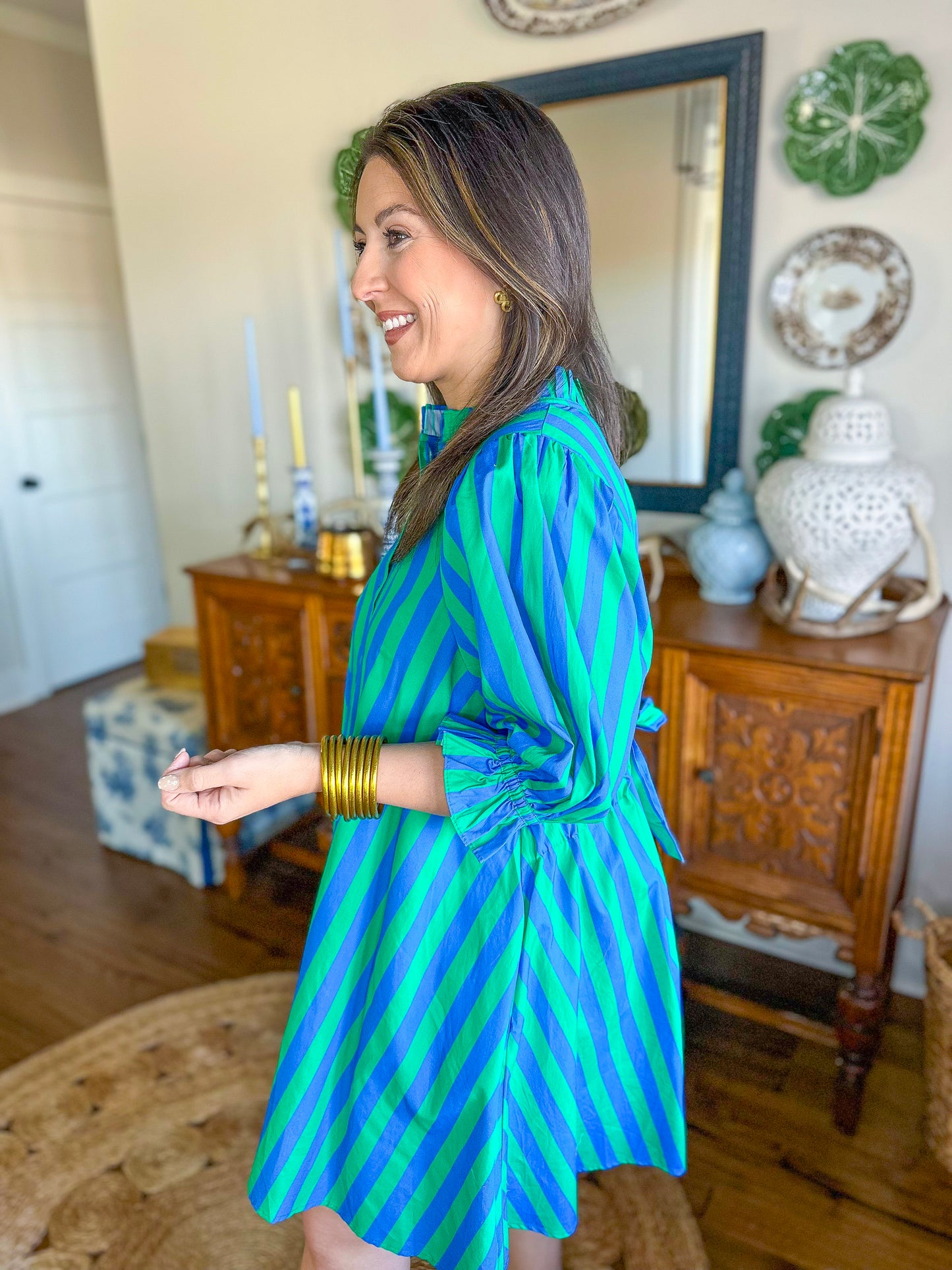 The Camden Dress in Green/Blue Stripes