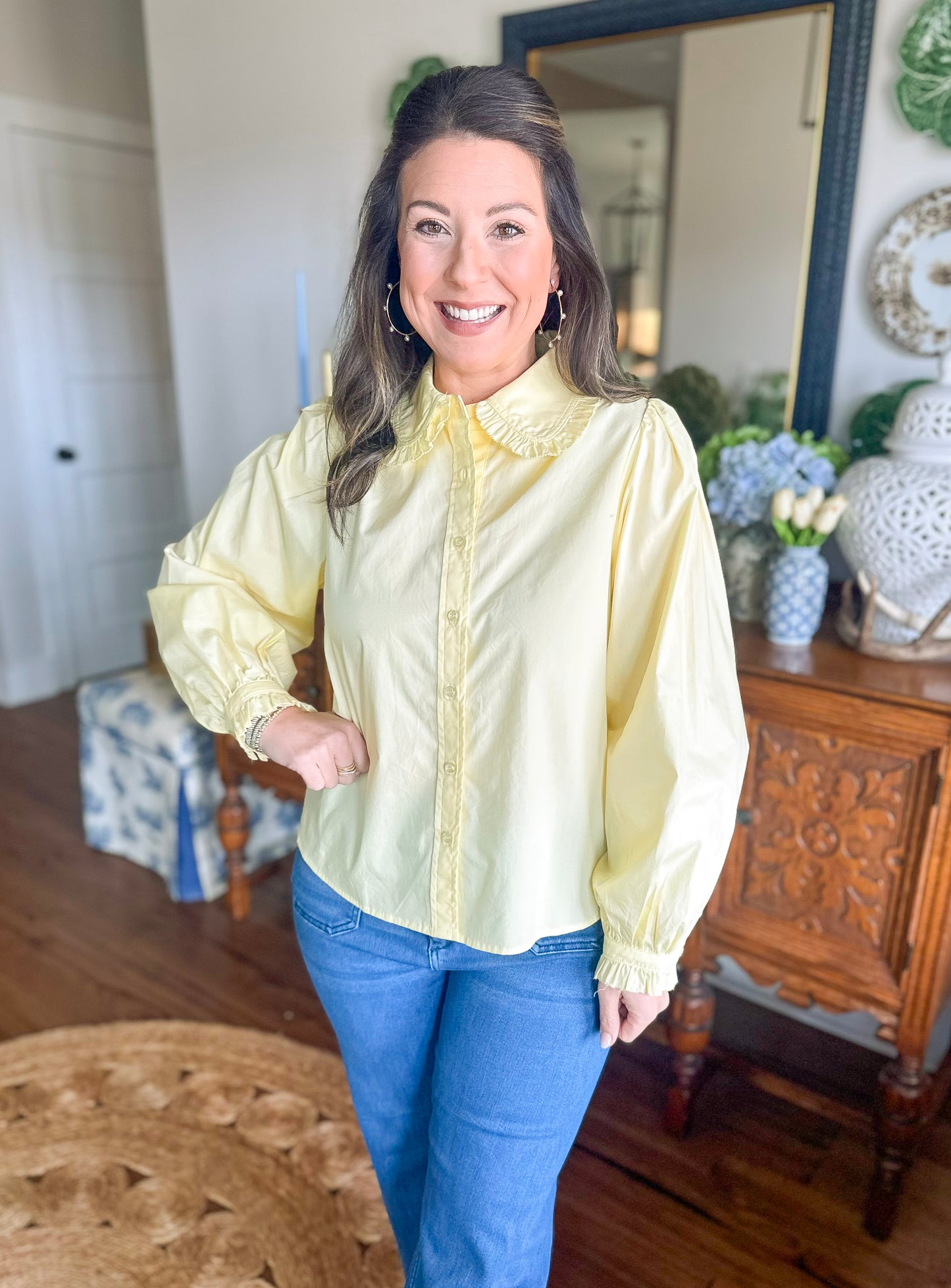 The Charlotte Ruffle Collar Top in Butter