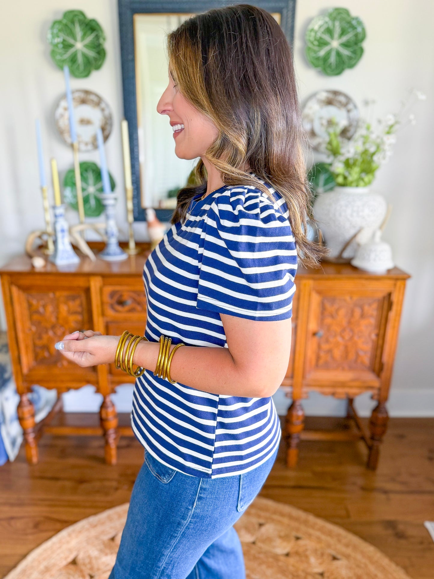 Mary Square | Larissa Pleat Sleeve Tee in Navy/White Stripe