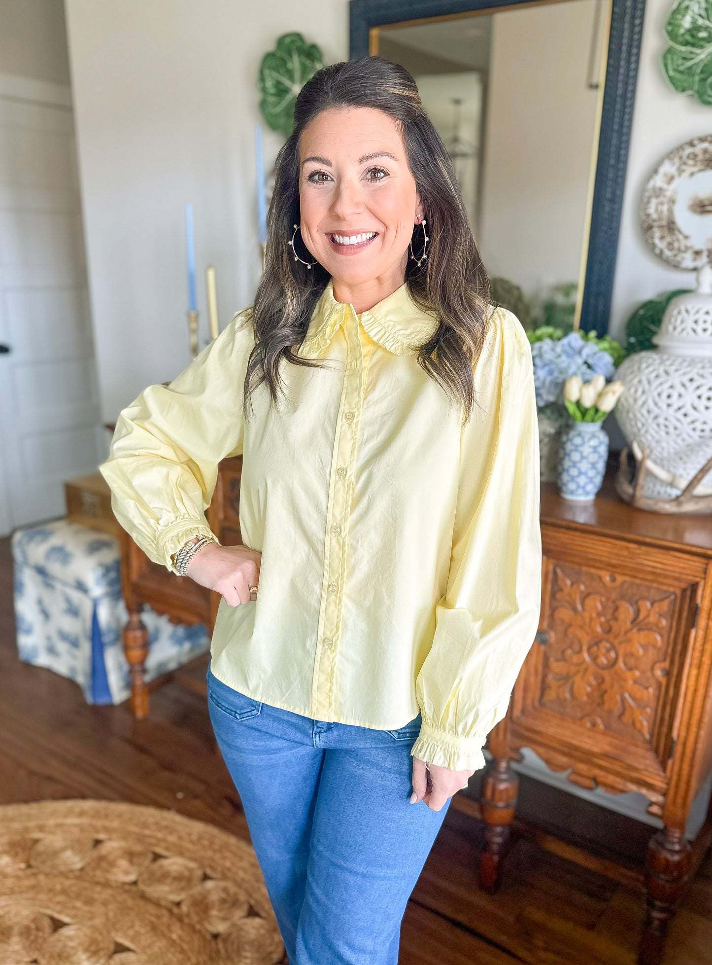 The Charlotte Ruffle Collar Top in Butter