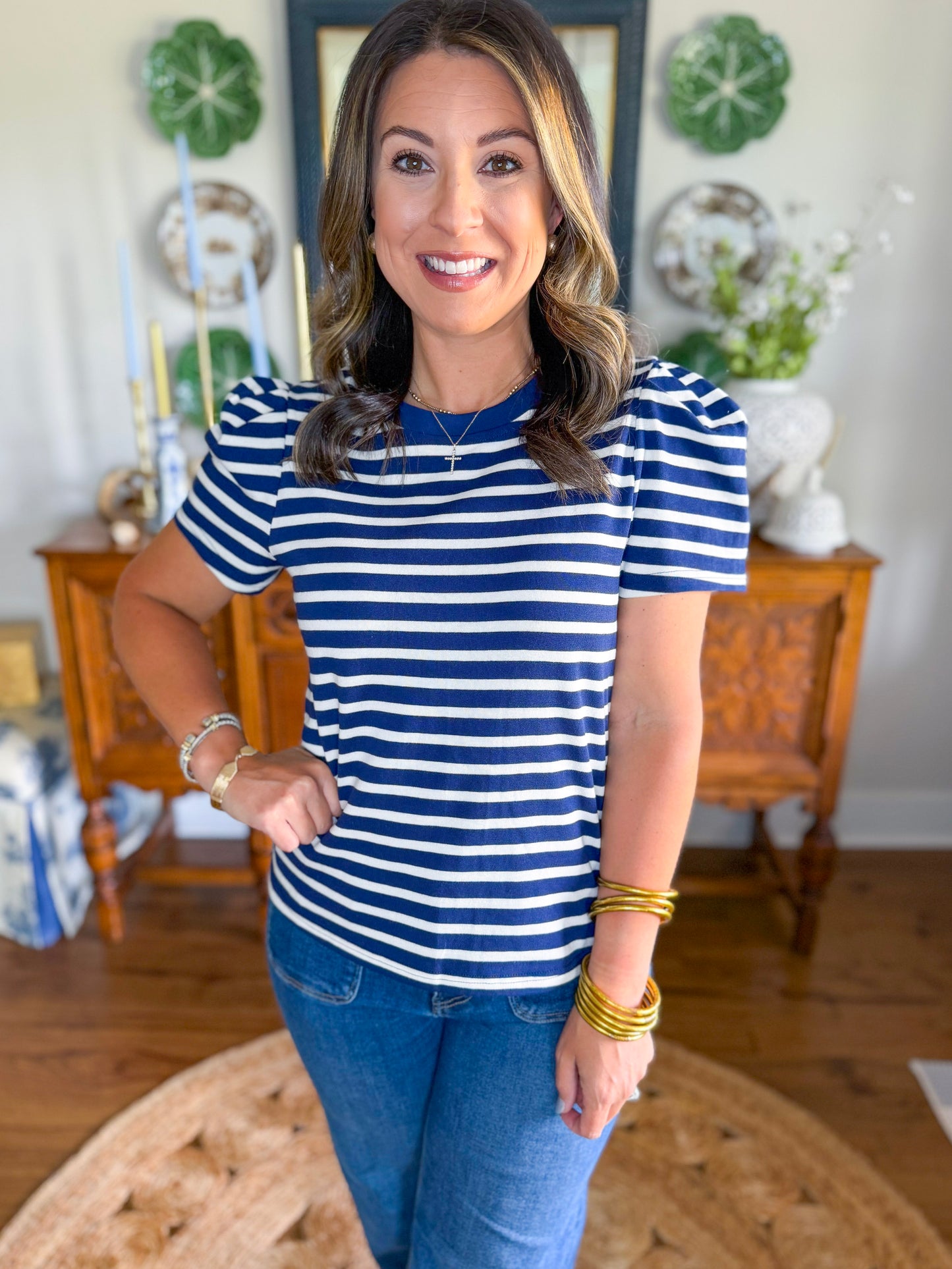Mary Square | Larissa Pleat Sleeve Tee in Navy/White Stripe