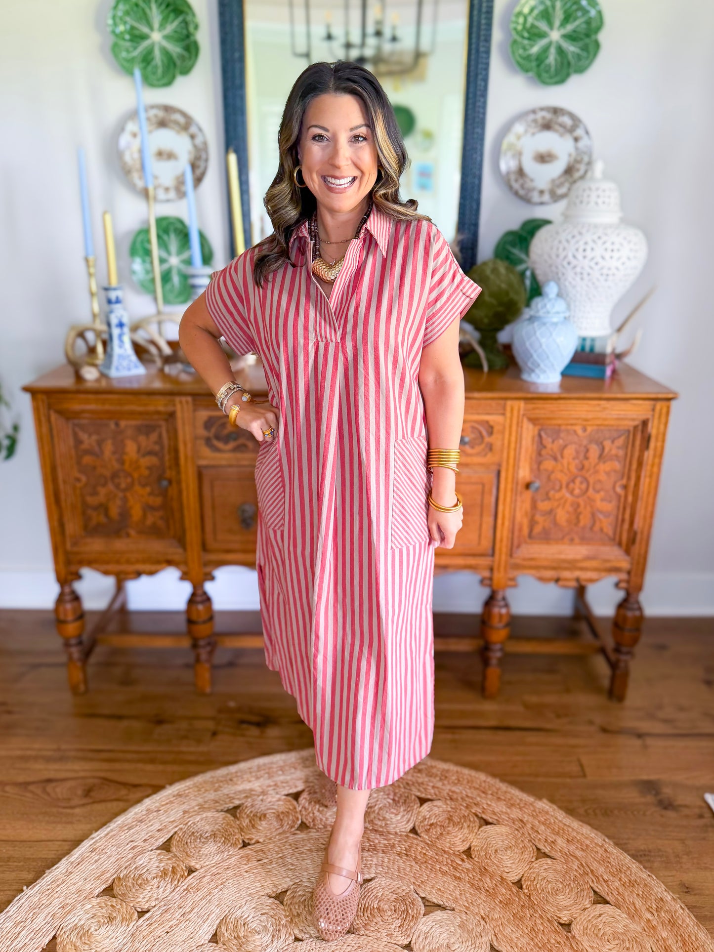 Rosé Stripe Midi Dress