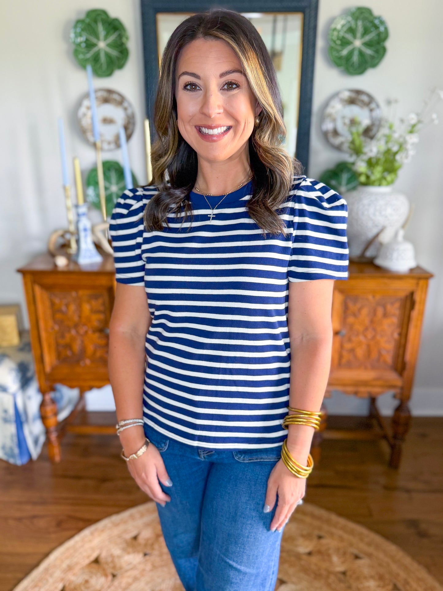 Mary Square | Larissa Pleat Sleeve Tee in Navy/White Stripe