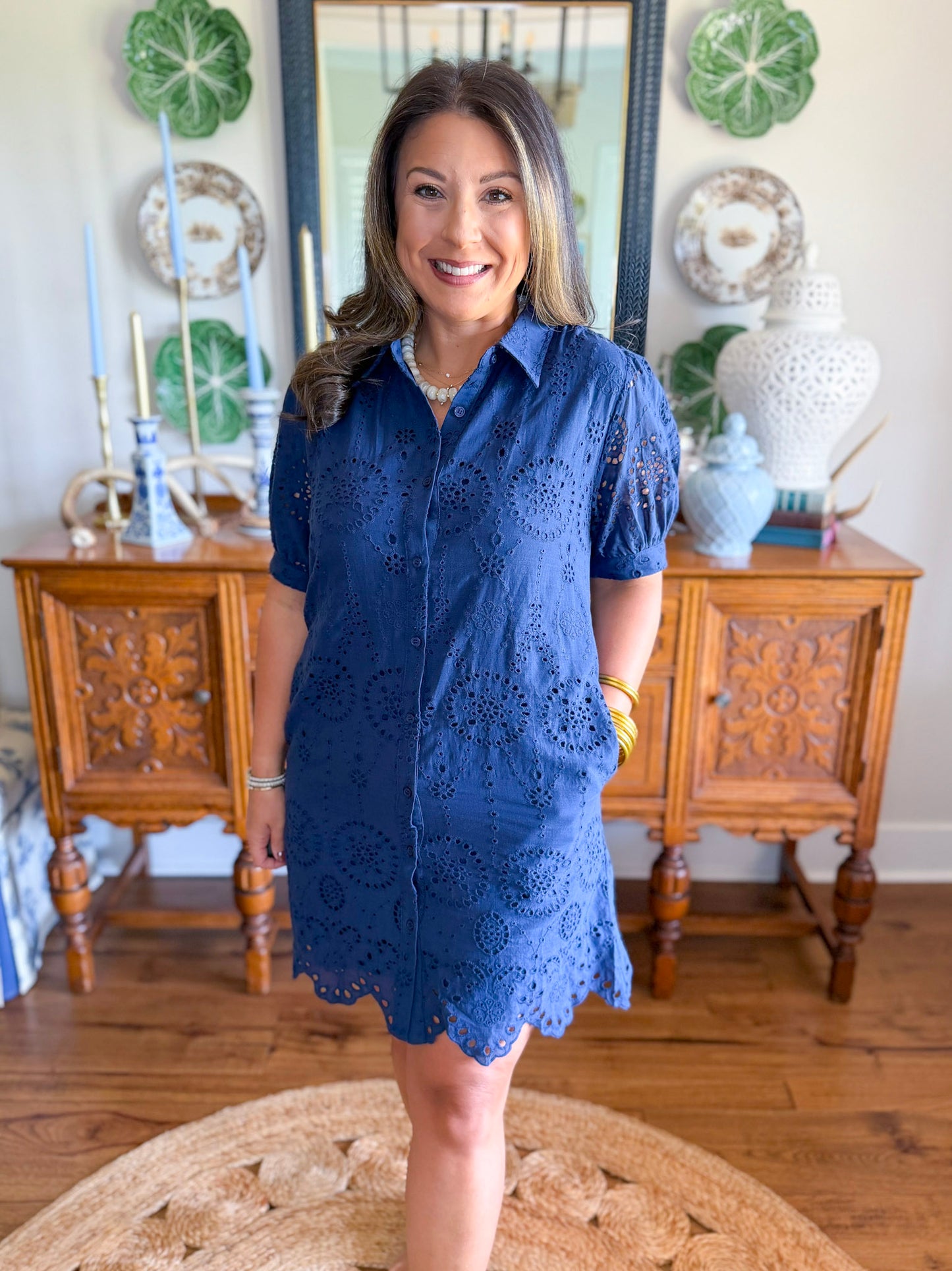 Langley Eyelet Mini Dress in Navy