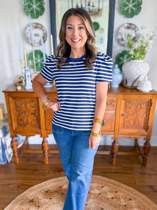 Mary Square | Larissa Pleat Sleeve Tee in Navy/White Stripe
