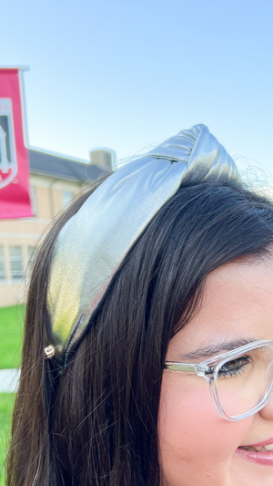 Brianna Cannon Silver Puff Metallic Knotted Headband