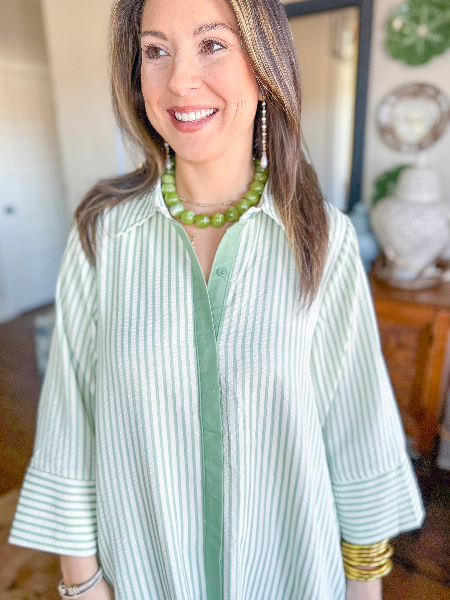 The Caroline Stripe Dress in Sage