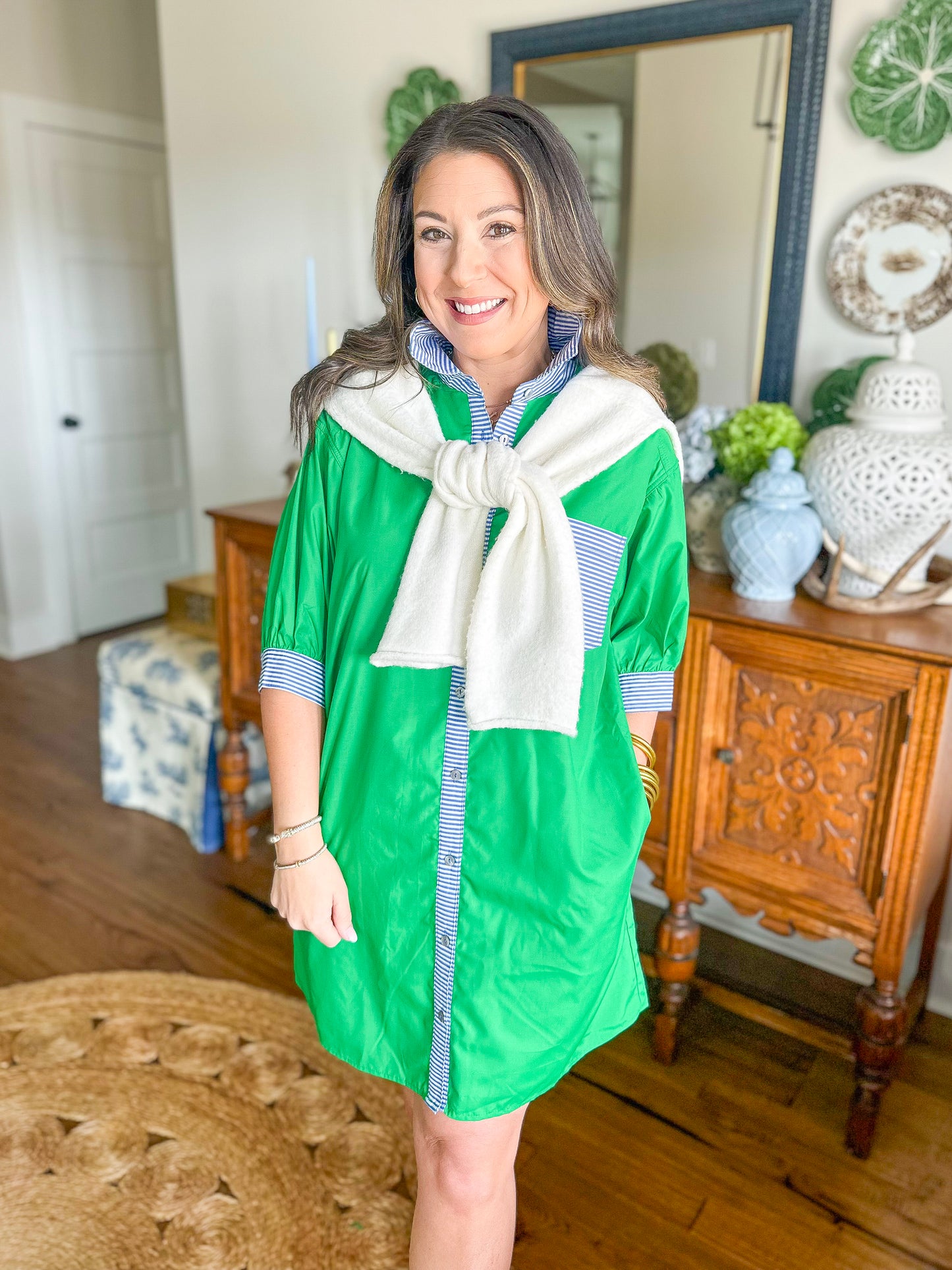 The Harbor Stripe Shirt Dress in Green