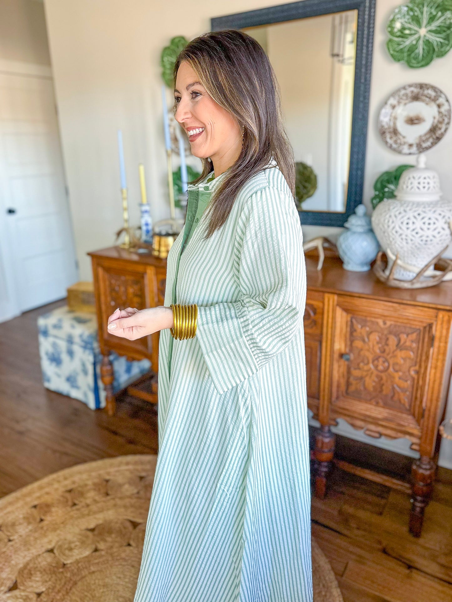 The Caroline Stripe Dress in Sage