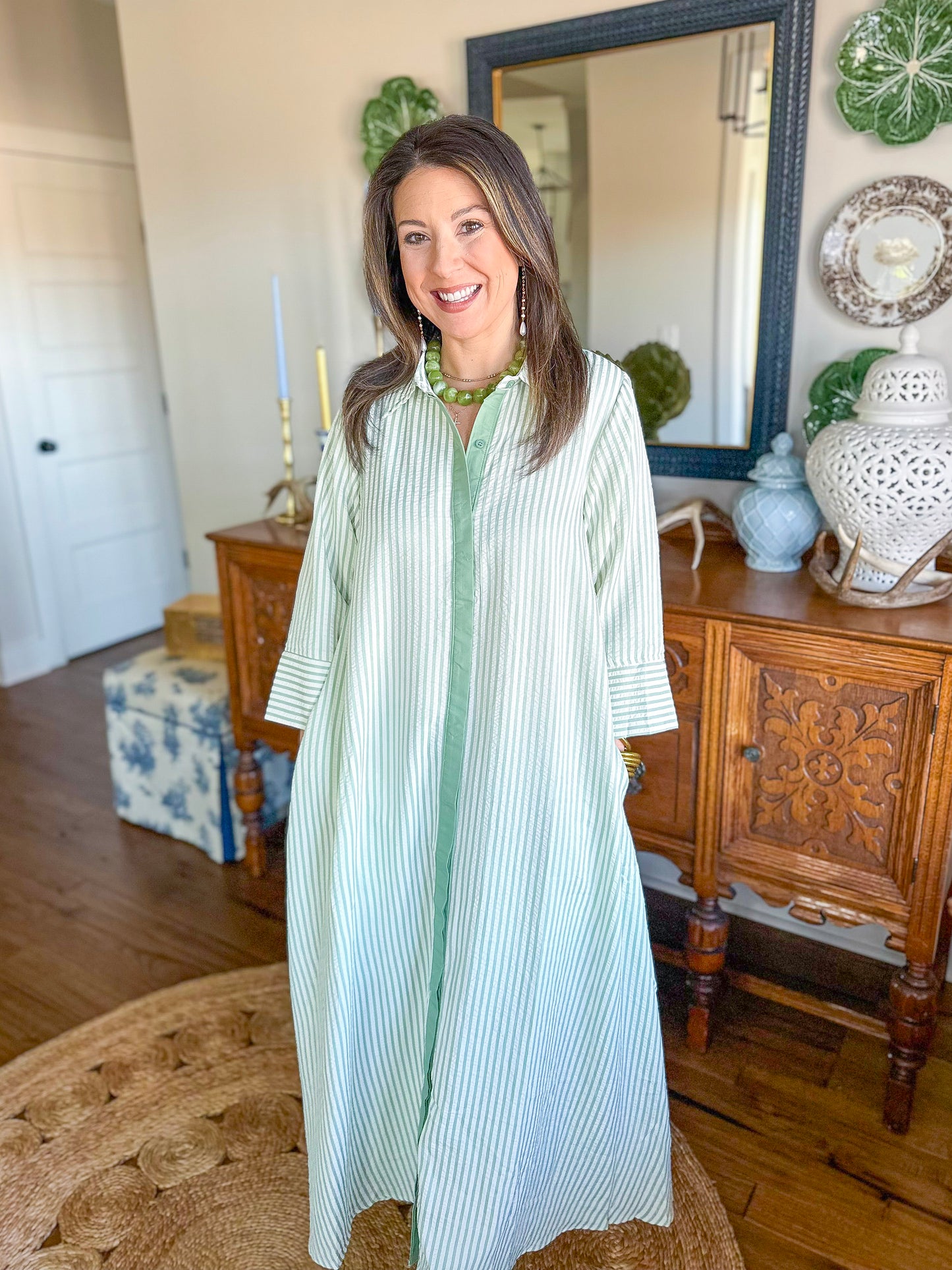 The Caroline Stripe Dress in Sage