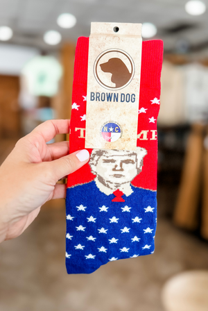 Brown Dog Trump Portrait Socks in Red