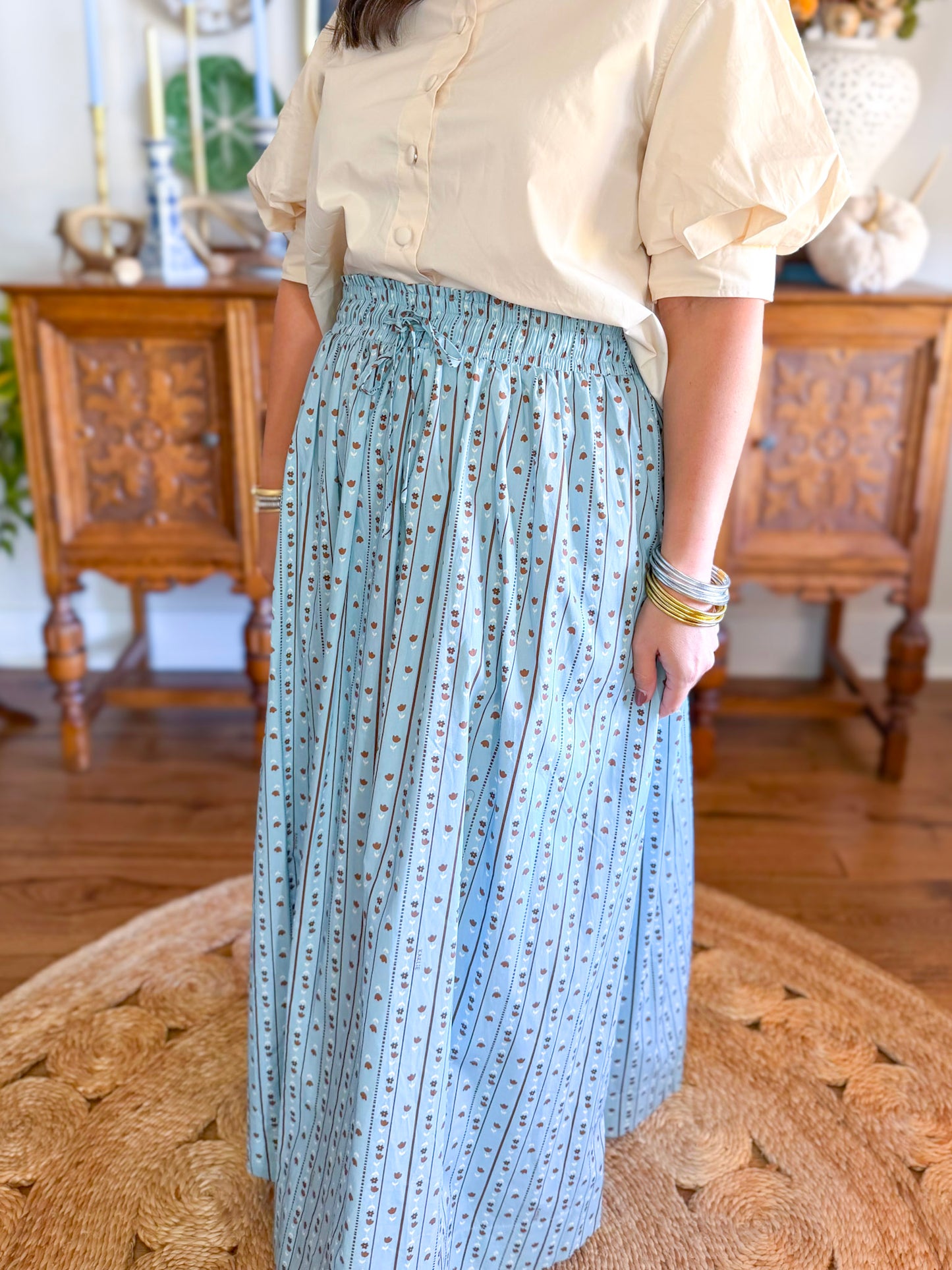 Karlie | Floral Stripe Tie Smock Waist Maxi Skirt