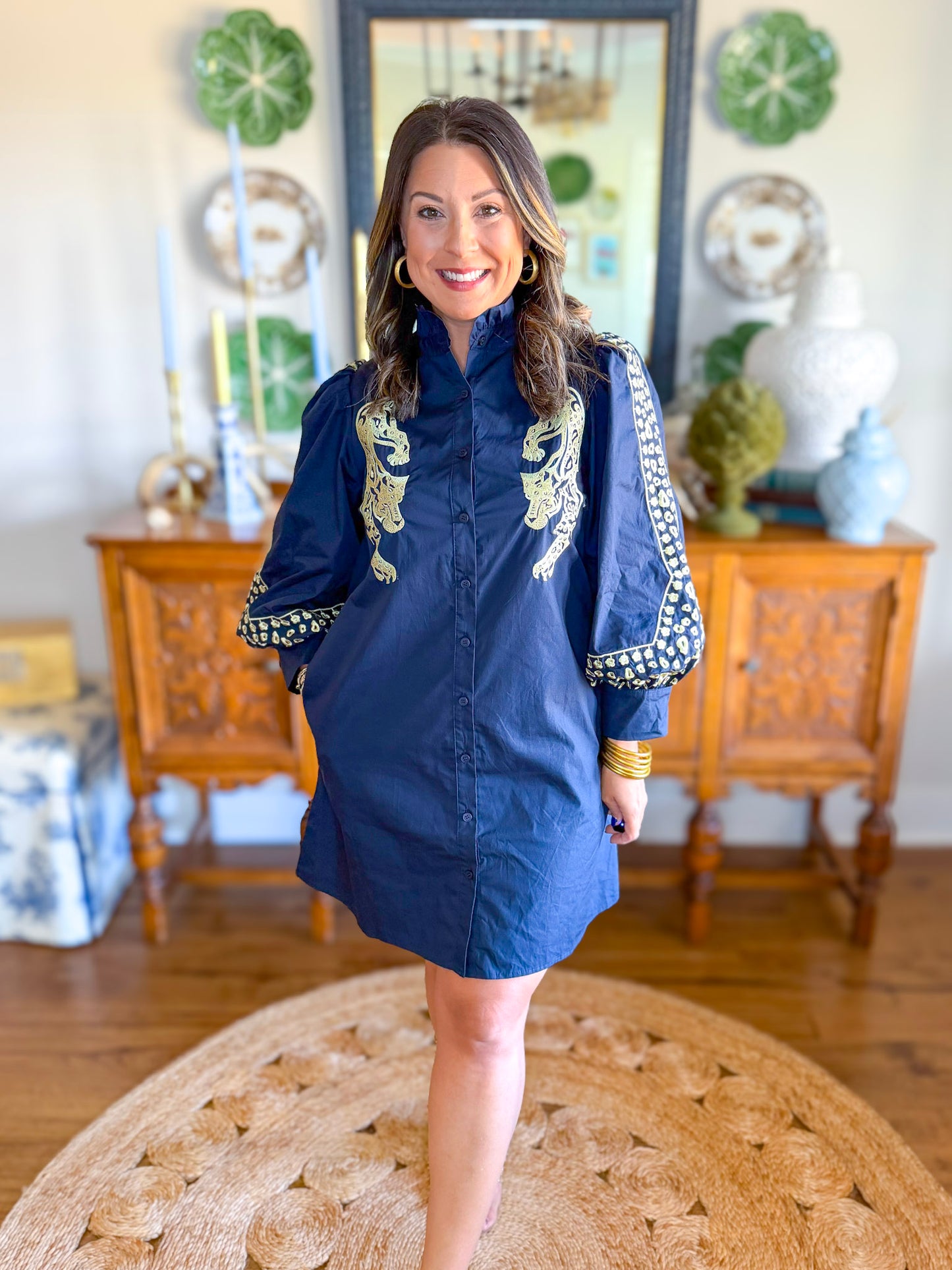 Golden Panther Dress in Navy