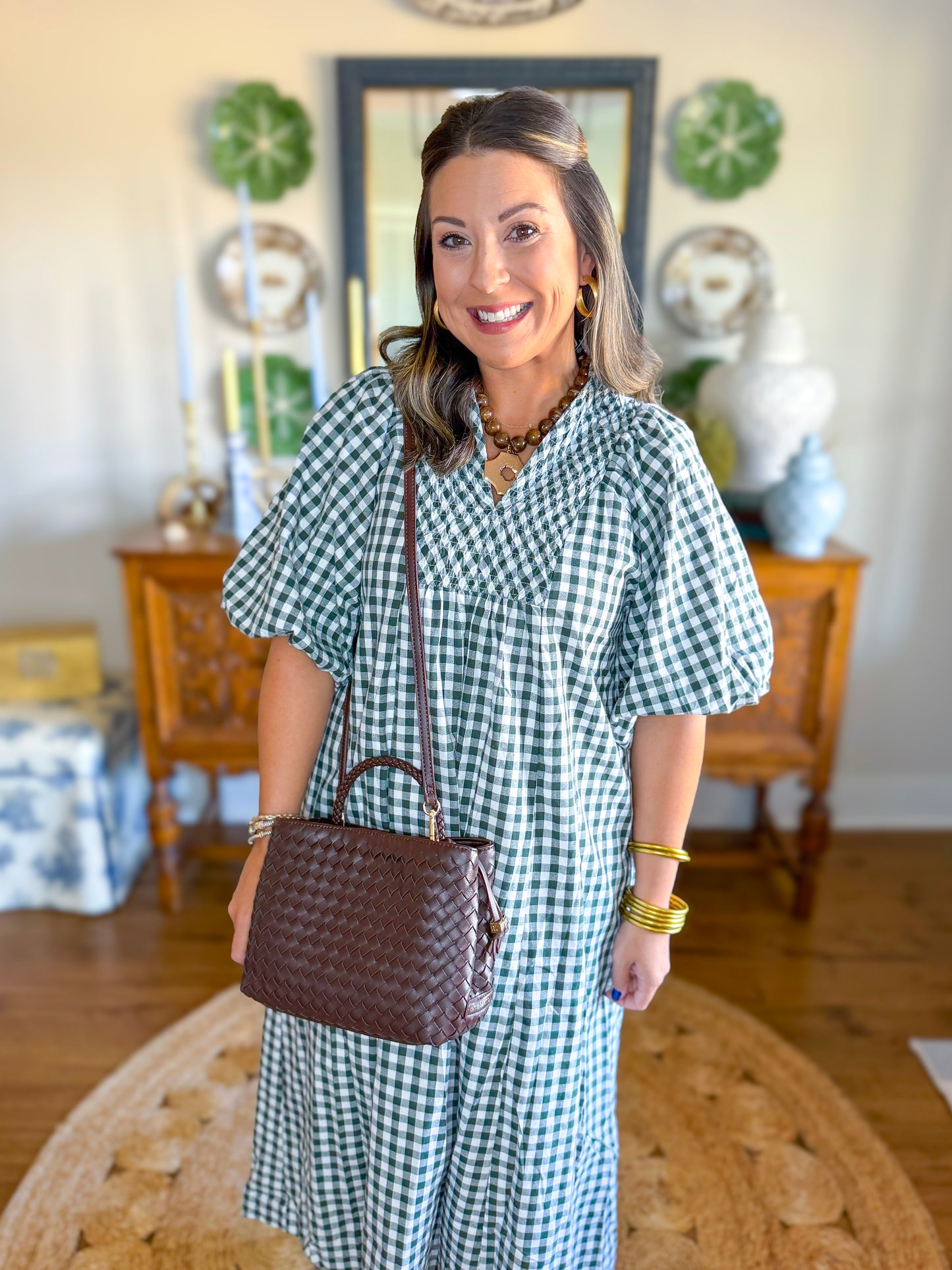 Cottage Gingham Midi Dress in Hunter Green