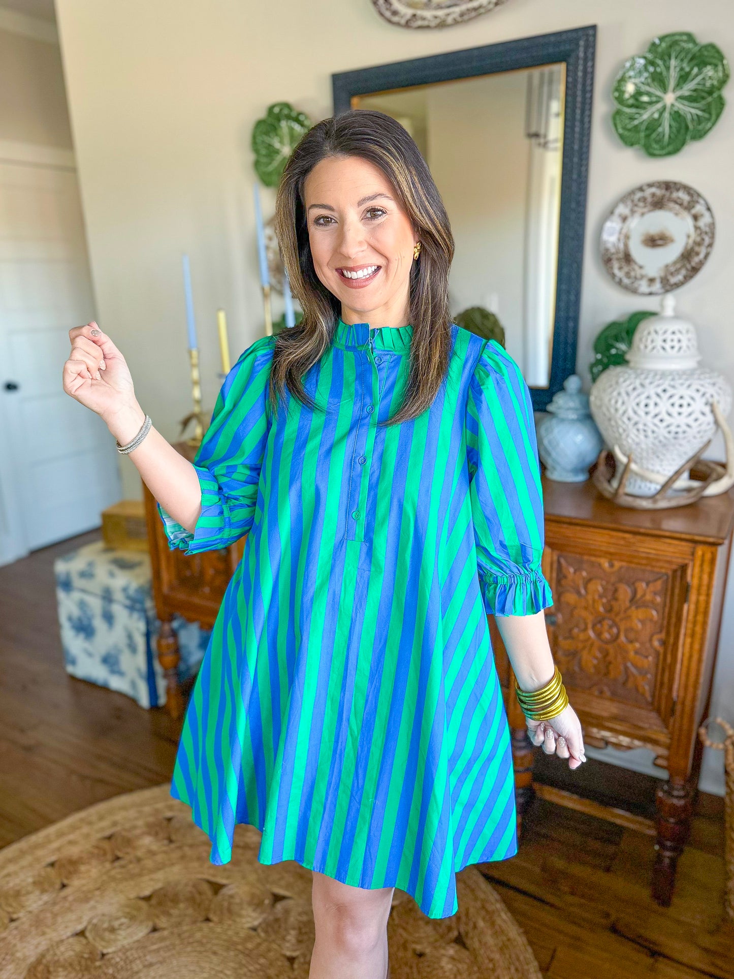The Camden Dress in Green/Blue Stripes