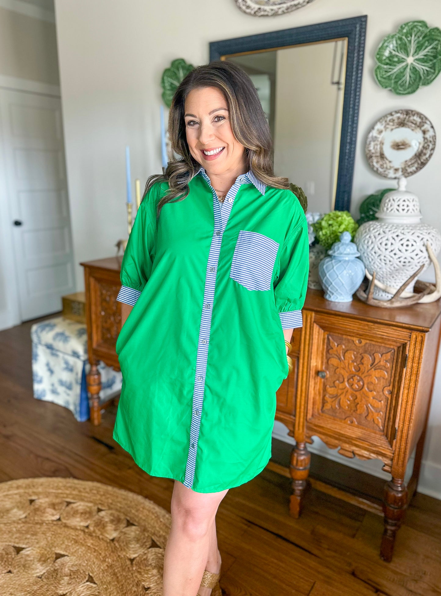 The Harbor Stripe Shirt Dress in Green