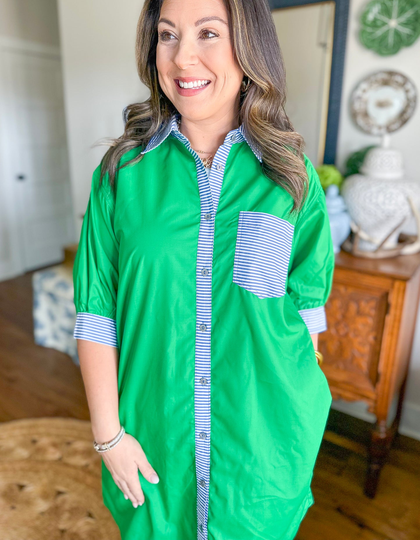 The Harbor Stripe Shirt Dress in Green