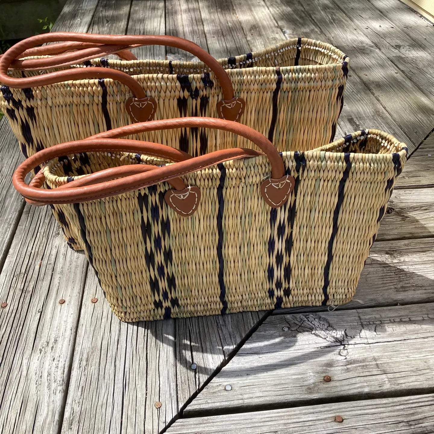 Blue Stripe Straw Tote- Medium